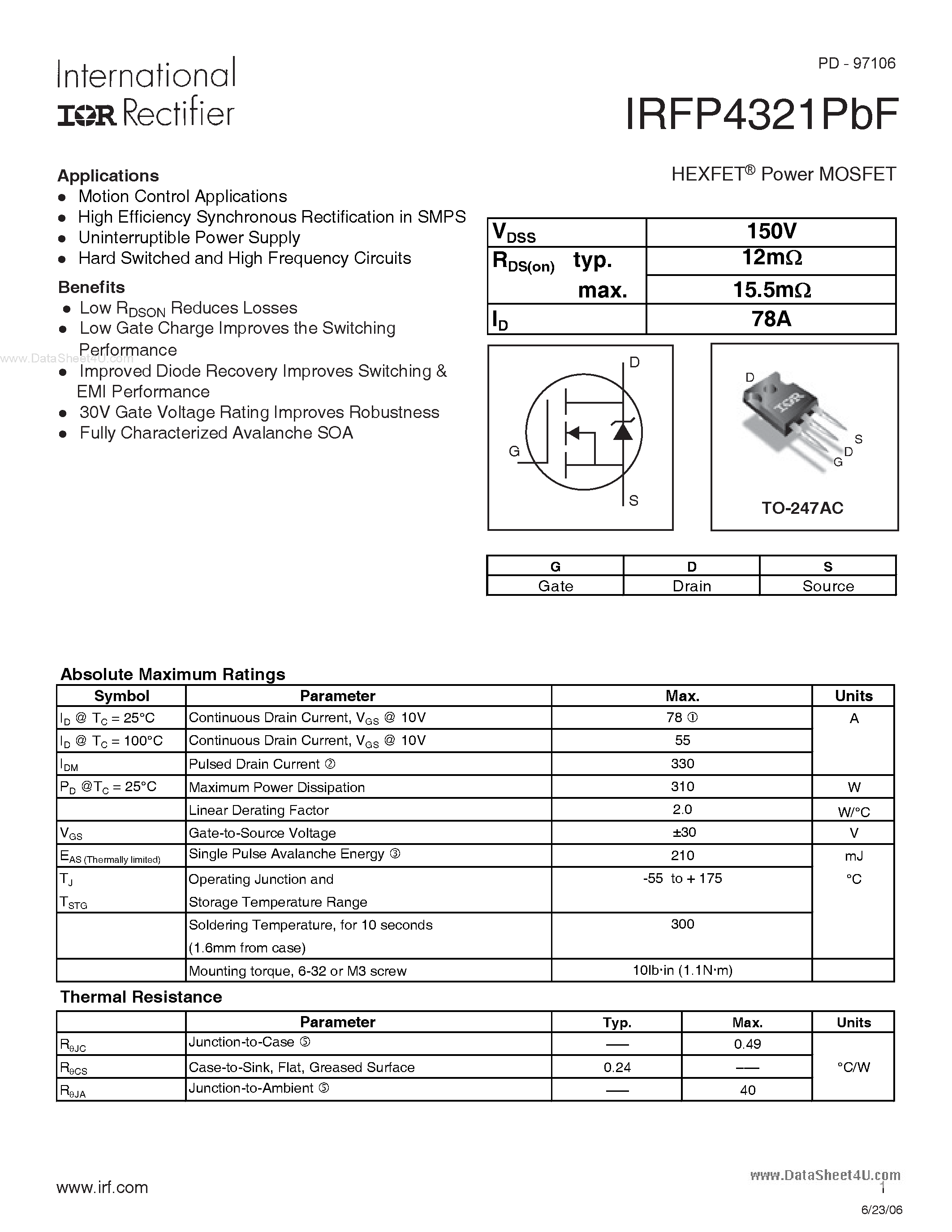 Datasheet IRFP4321PBF - HEXFET Power MOSFET page 1