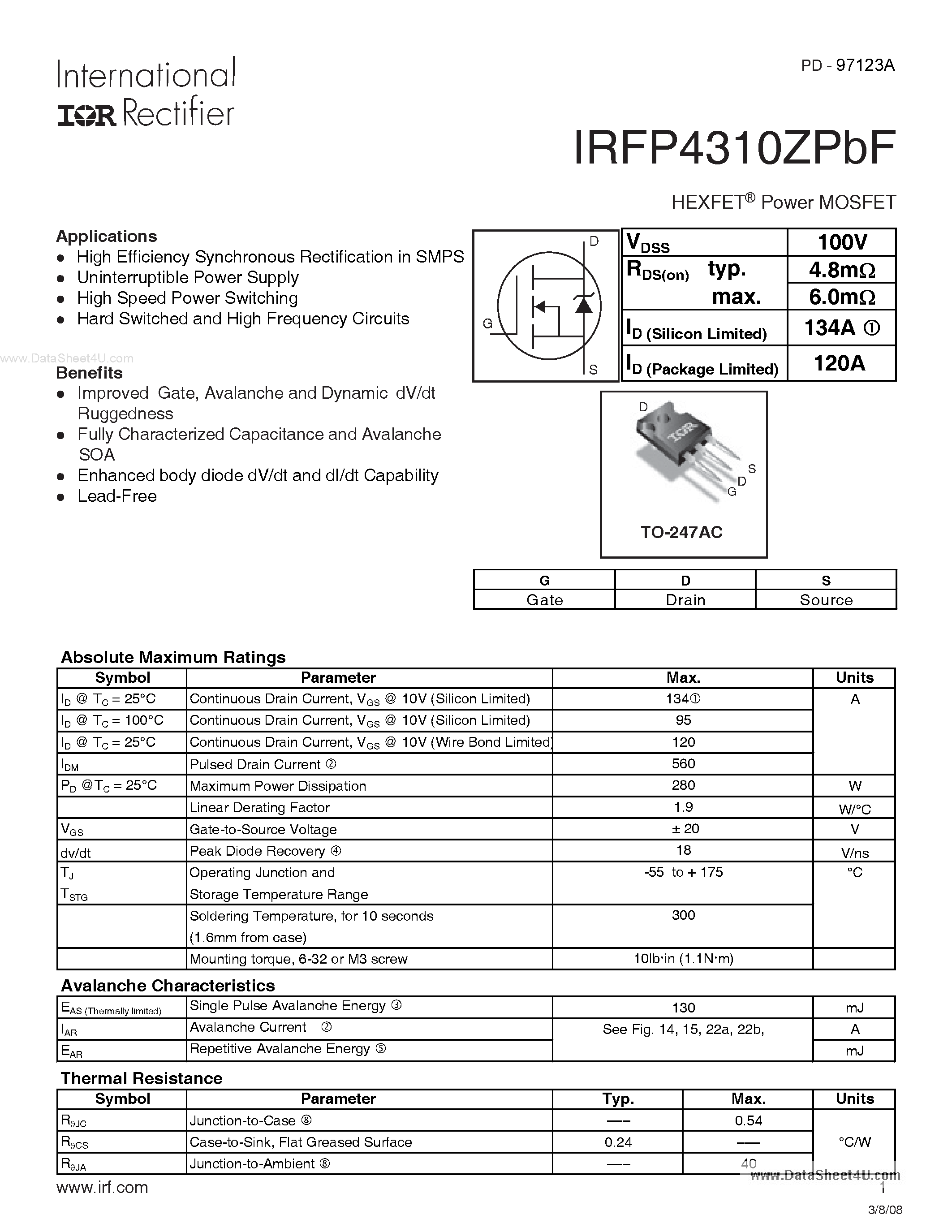 Datasheet IRFP4310ZPBF - HEXFET Power MOSFET page 1