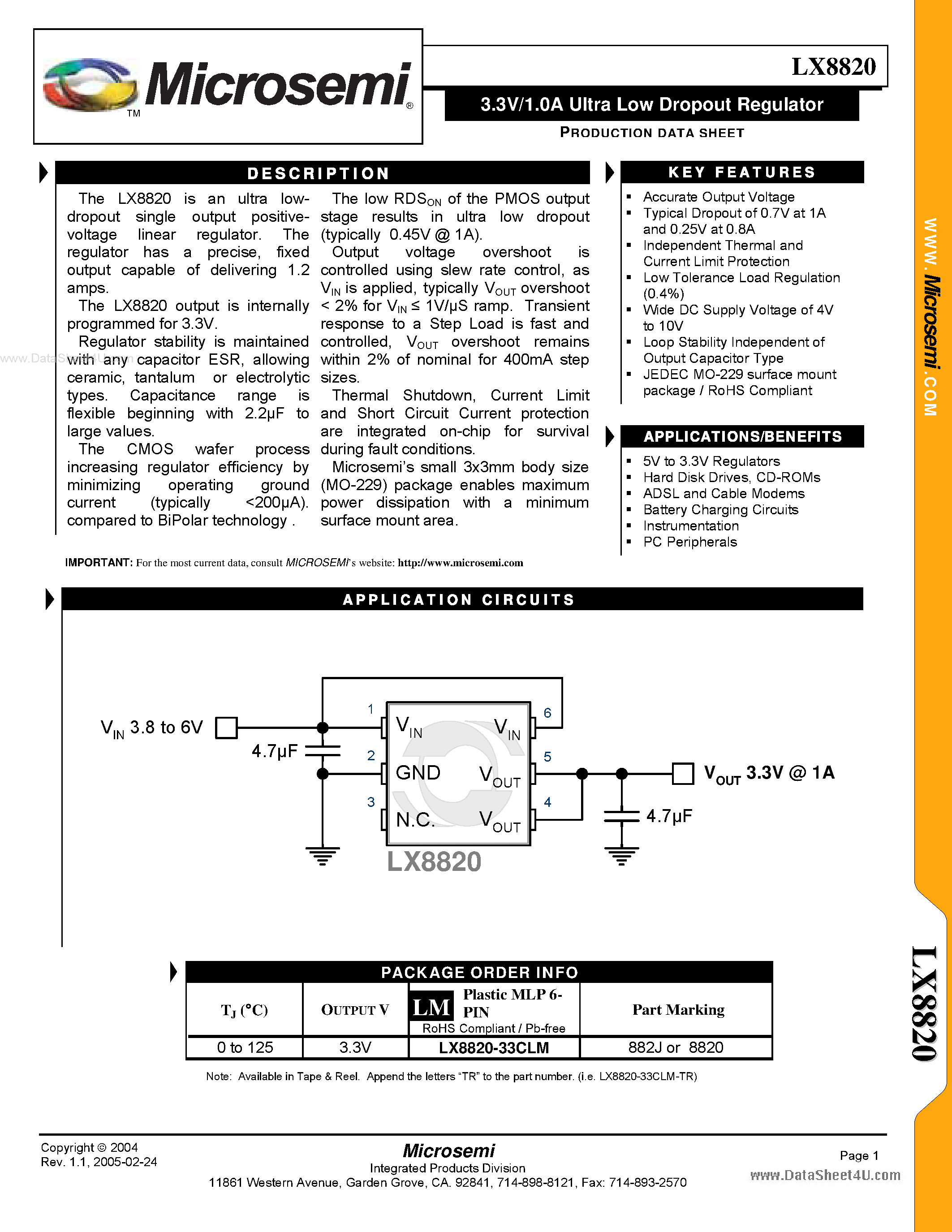 Datasheet LX8820 - 3.3V/1.0A Ultra Low Dropout Regulator page 1