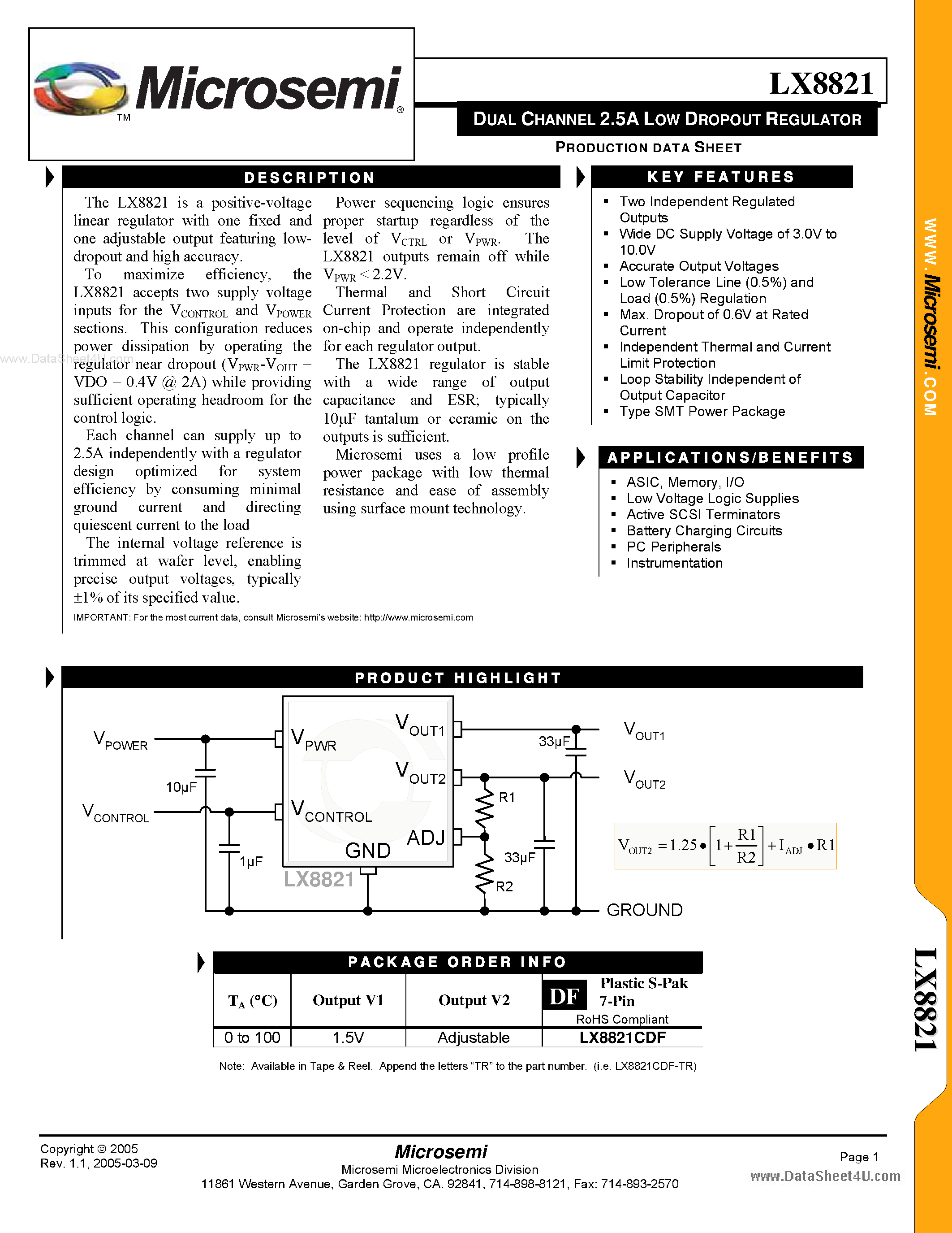 Даташит LX8821 - DUAL CHANNEL 2.5A LOW DROPOUT REGULATOR страница 1