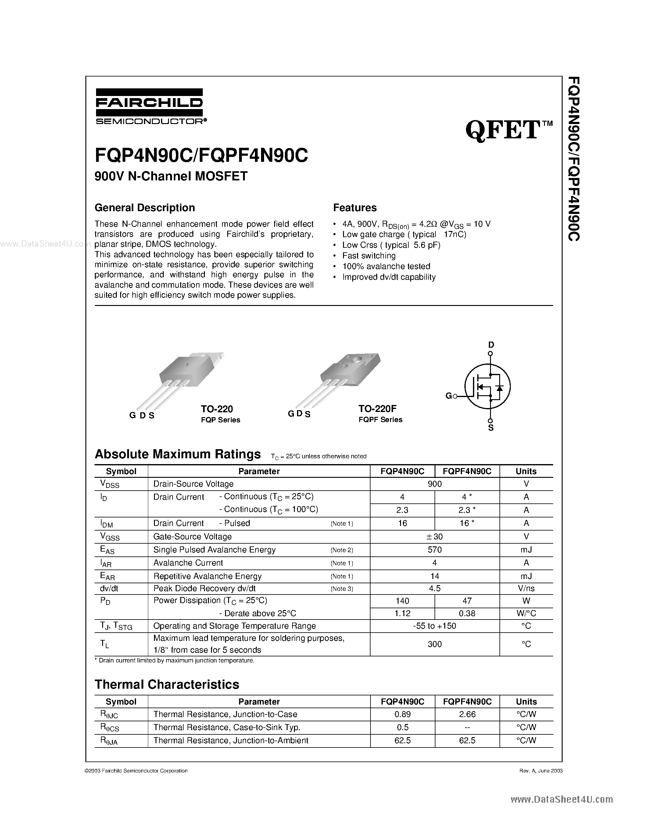 Даташит FQP4N90C - 900V N-Channel MOSFET страница 1