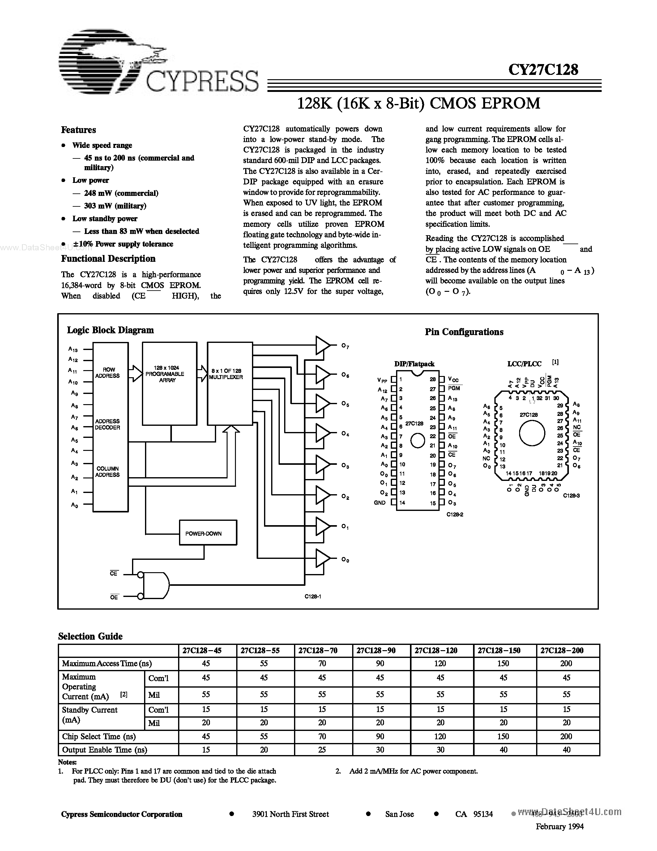 Даташит на микросхему CY27C128 страница 1 Даташит CY27C128 - 128K (16K x 8-Bit) CMOS EPROM страница 1