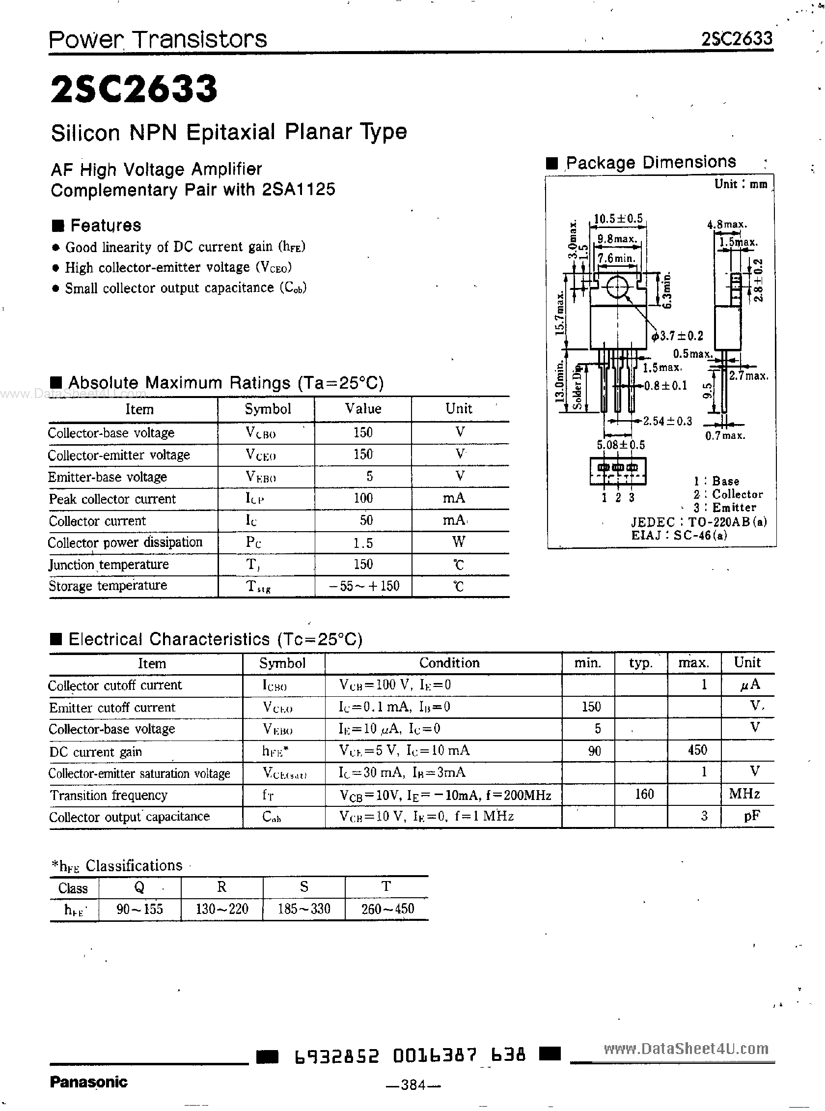 Datasheet 2SC2633 page 1 Datasheet 2SC2633 - Silicon NPN Power Transistor page 1