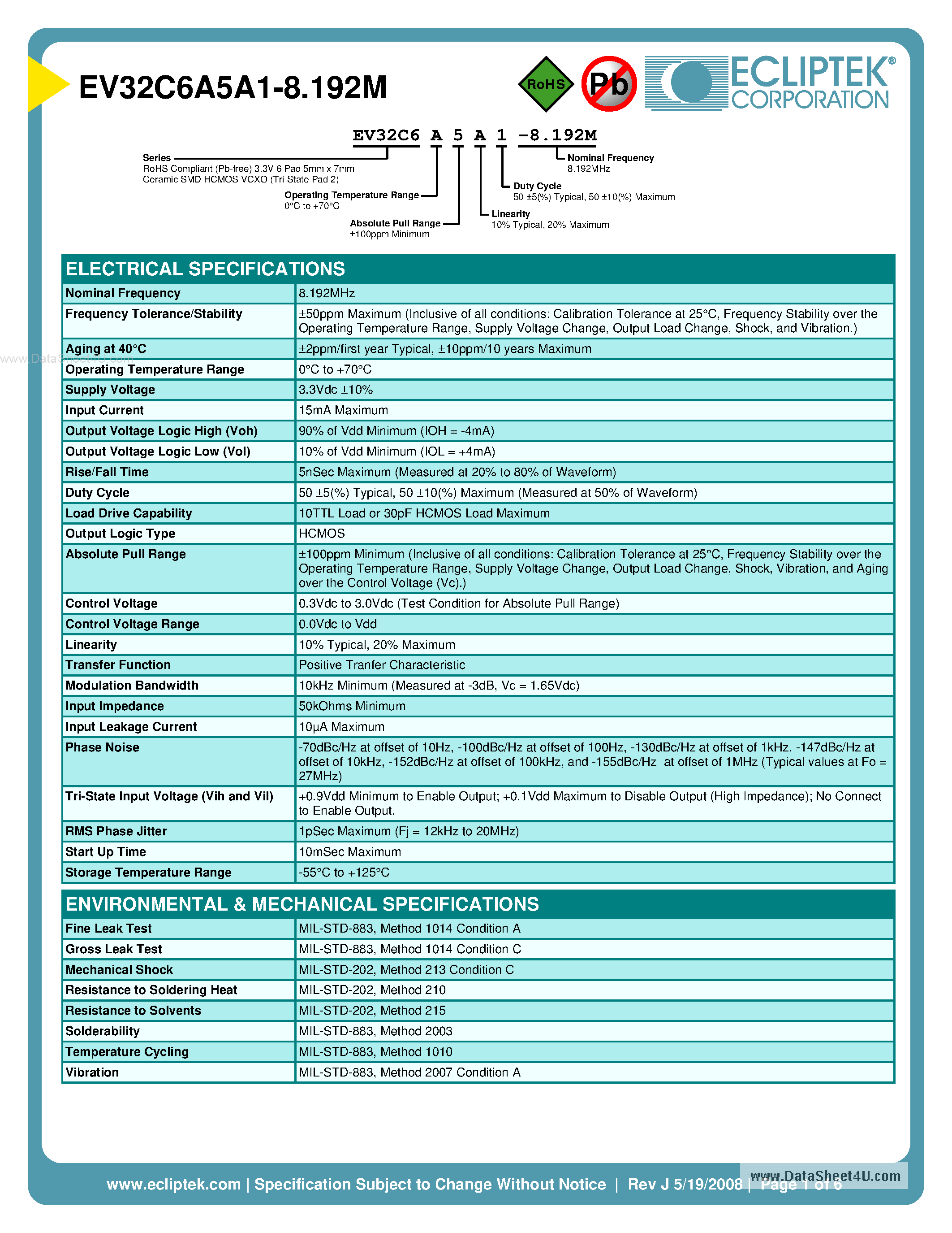 Datasheet EV32C6A5A1-8.192M - OSCILLATORS page 1