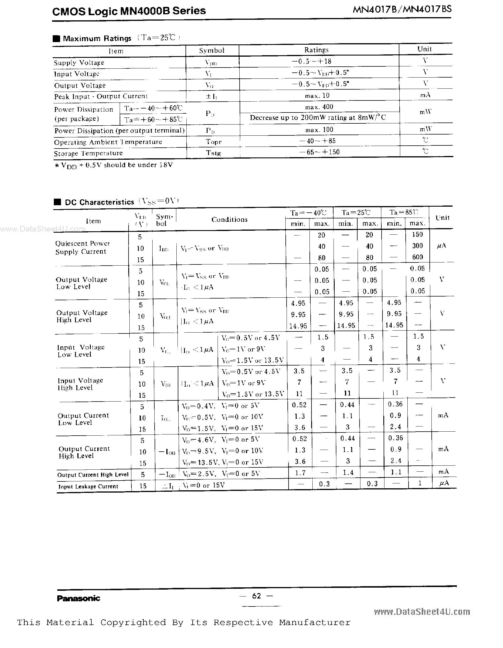 Datasheet MN4017B - 5-Stage Johnson Counter page 2