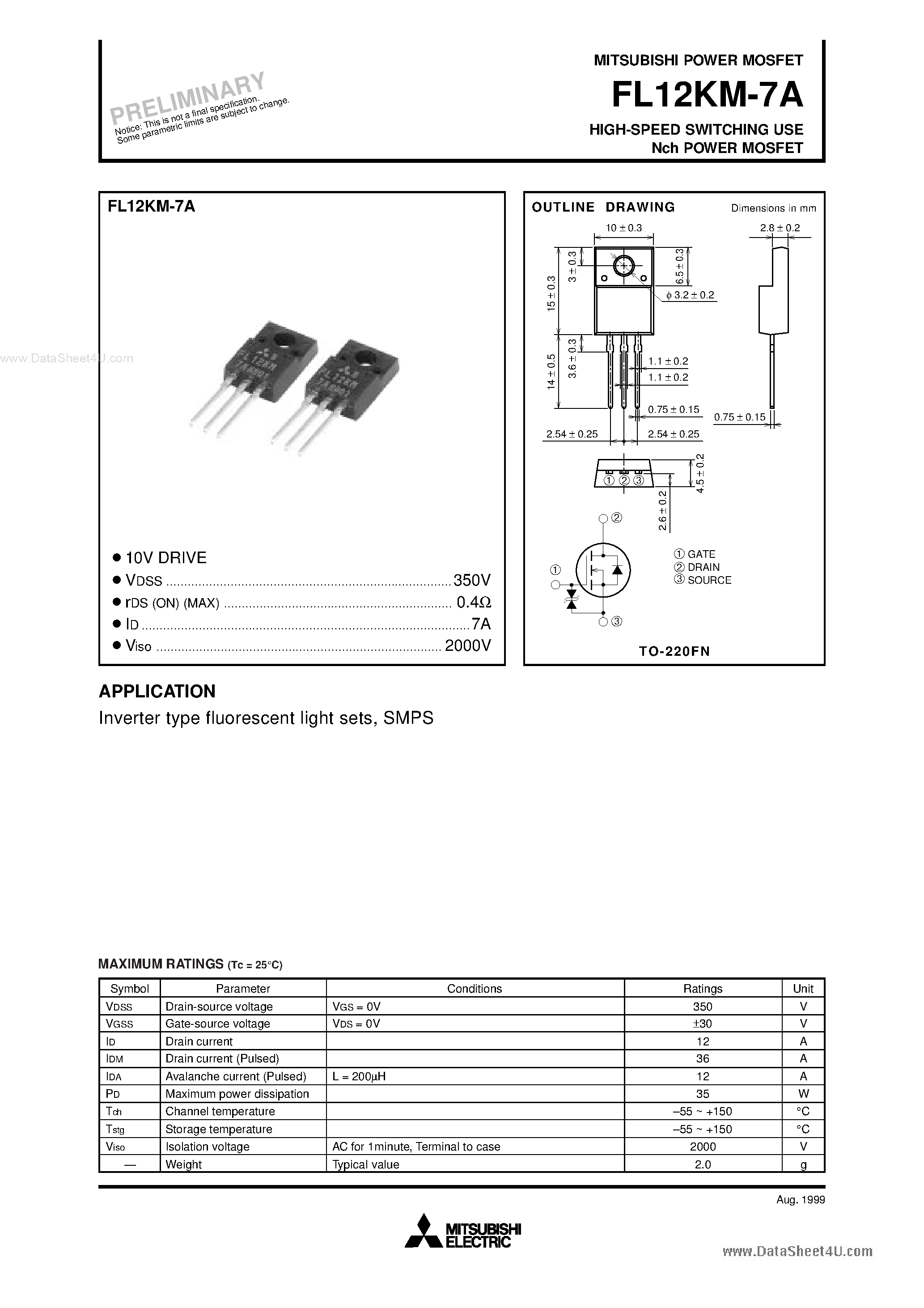 Даташит на микросхему FL12KM-7A страница 1 Даташит FL12KM-7A - HIGH-SPEED SWITCHING USE Nch POWER MOSFET страница 1