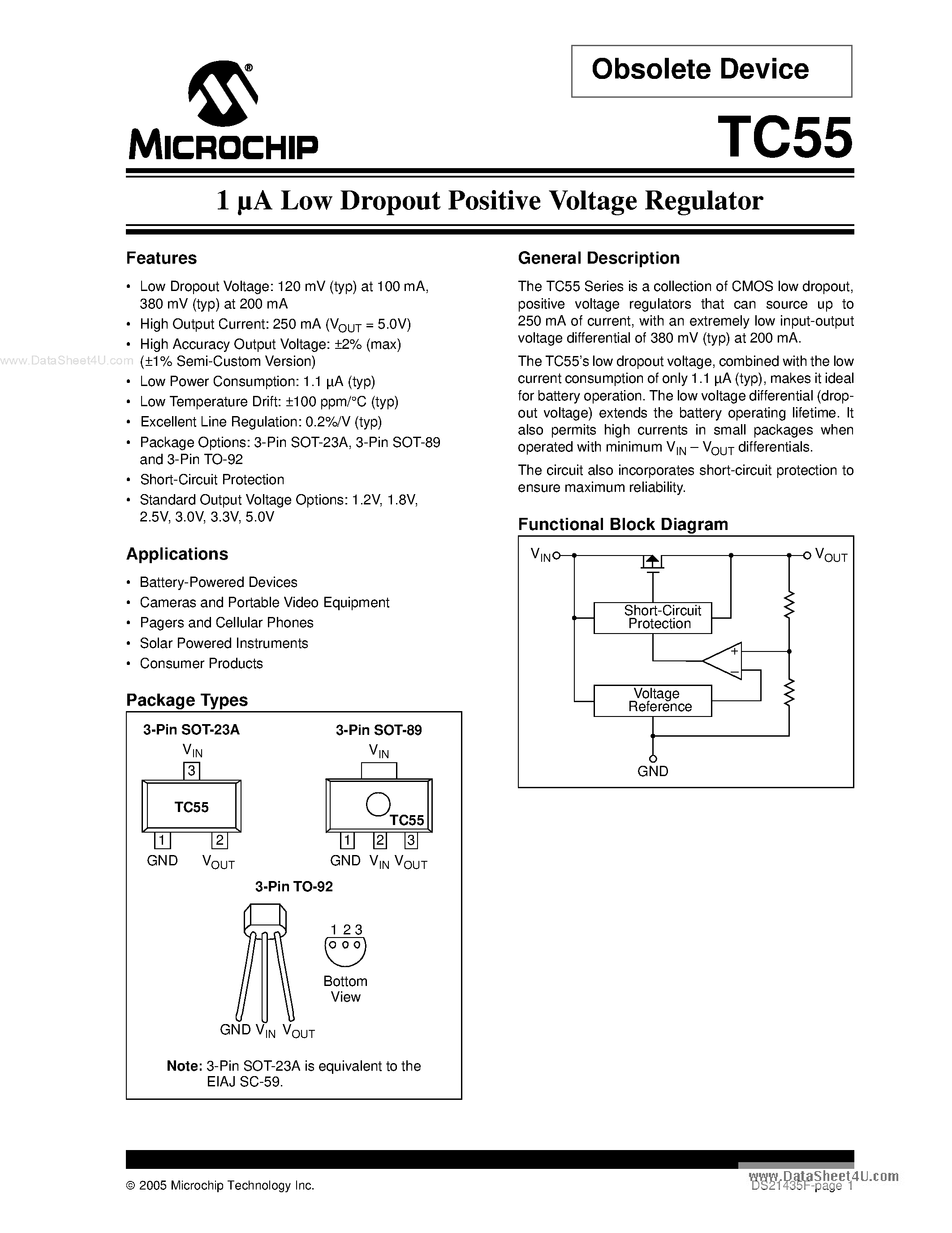 Даташит TC551801 - Low Dropout Positive Voltage Regulator страница 1