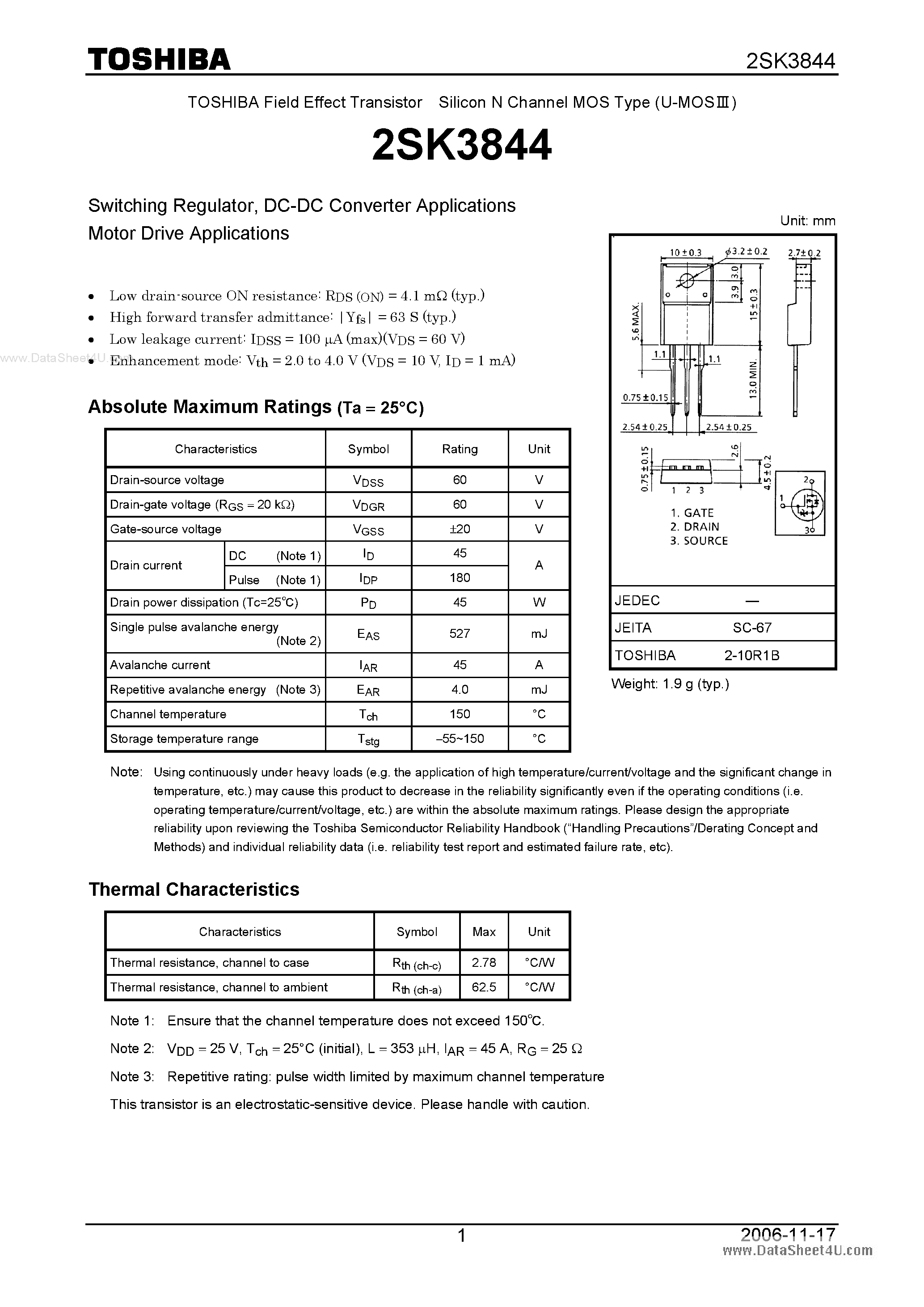 Datasheet 2SK3844 - Silicon N-Channel MOS Type Switching Regulator page 1
