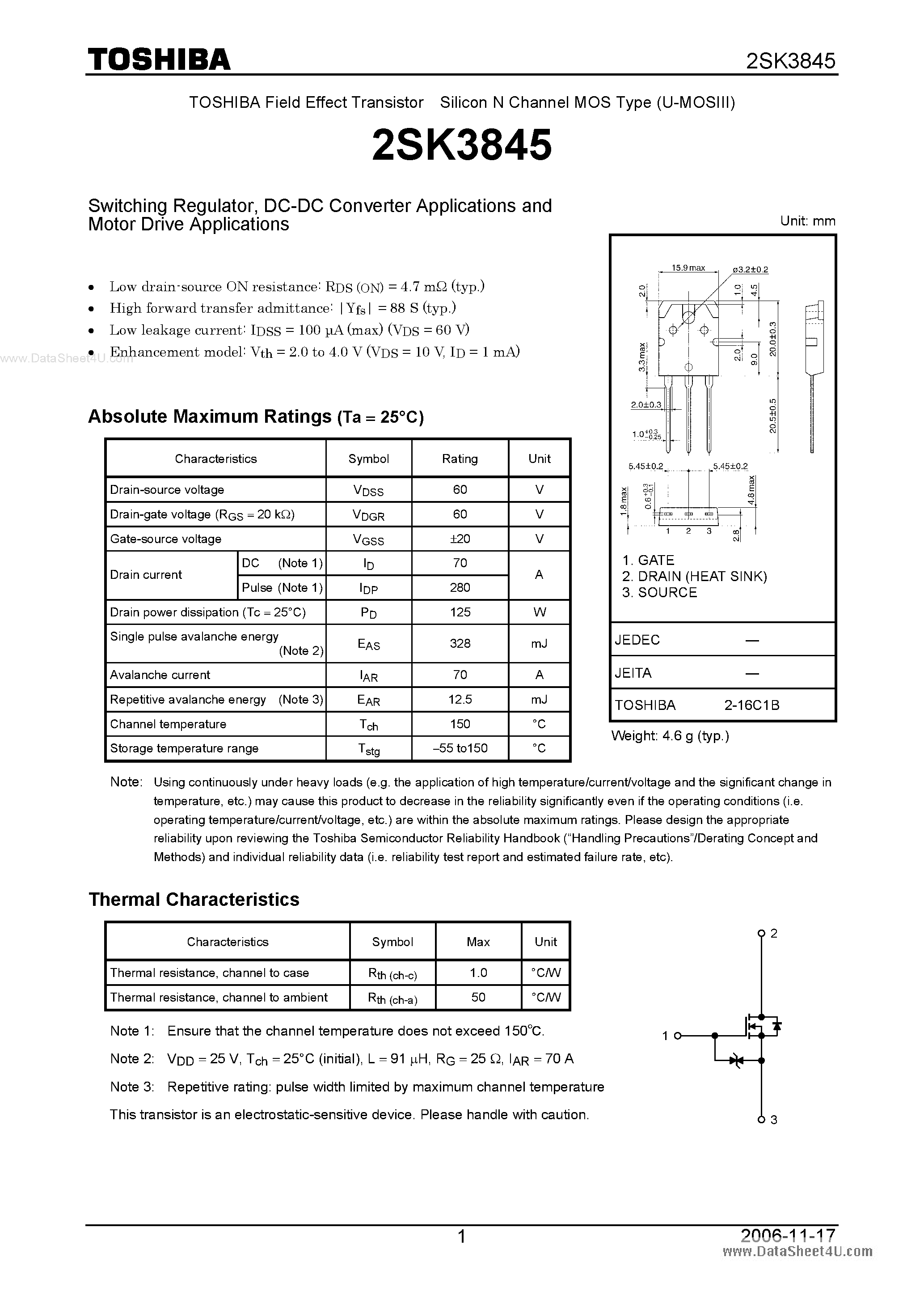 Datasheet 2SK3845 - Silicon N-Channel MOS Type Switching Regulator page 1
