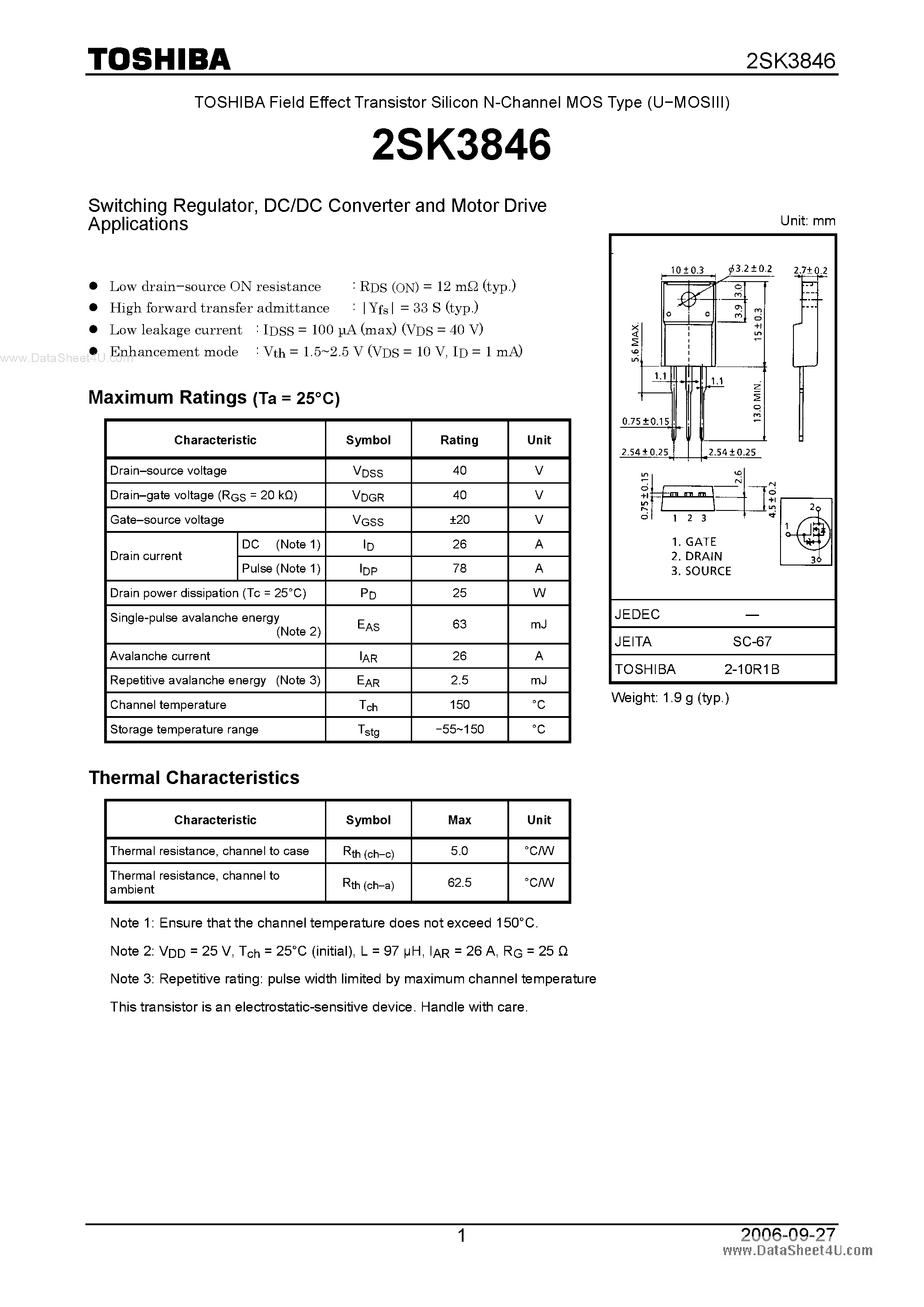 Datasheet 2SK3846 - Silicon N-Channel MOS Type Switching Regulator page 1