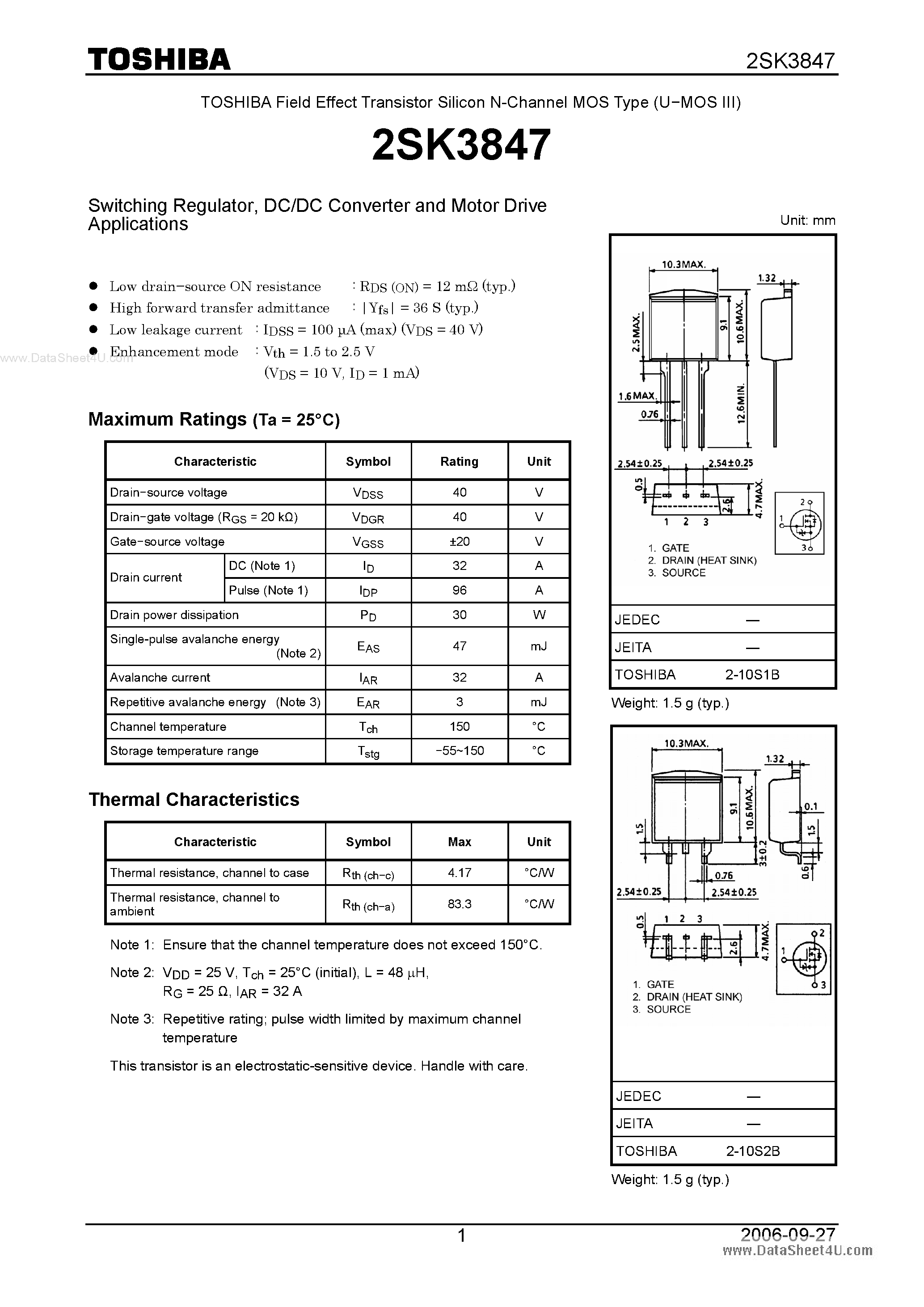 Datasheet 2SK3847 - Silicon N-Channel MOS Type Switching Regulator page 1