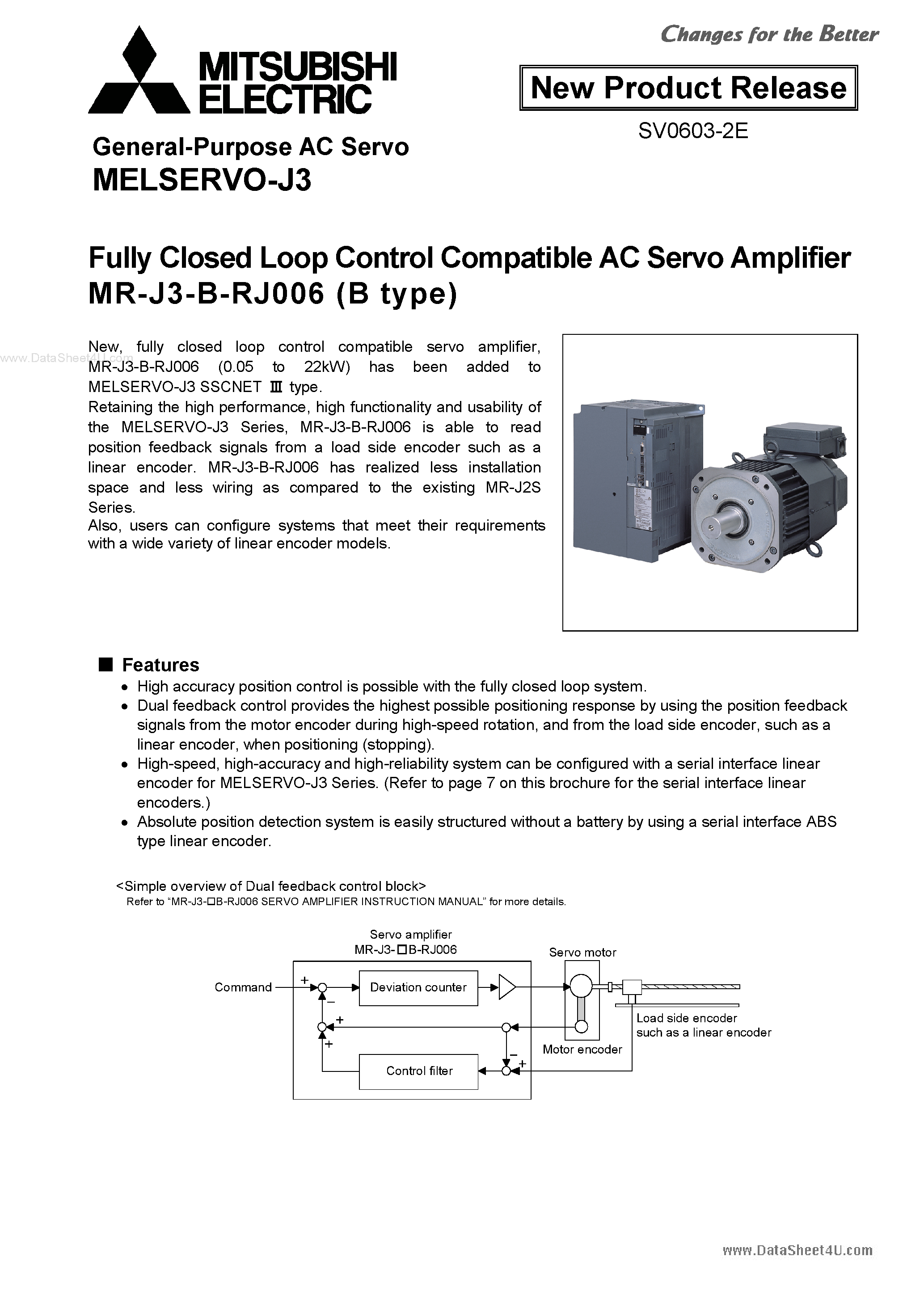 Datasheet MR-J3-B-RJ006 page 1 Datasheet MR-J3-B-RJ006 - Fully Closed Loop Control Compatible AC Servo Amplifiers page 1