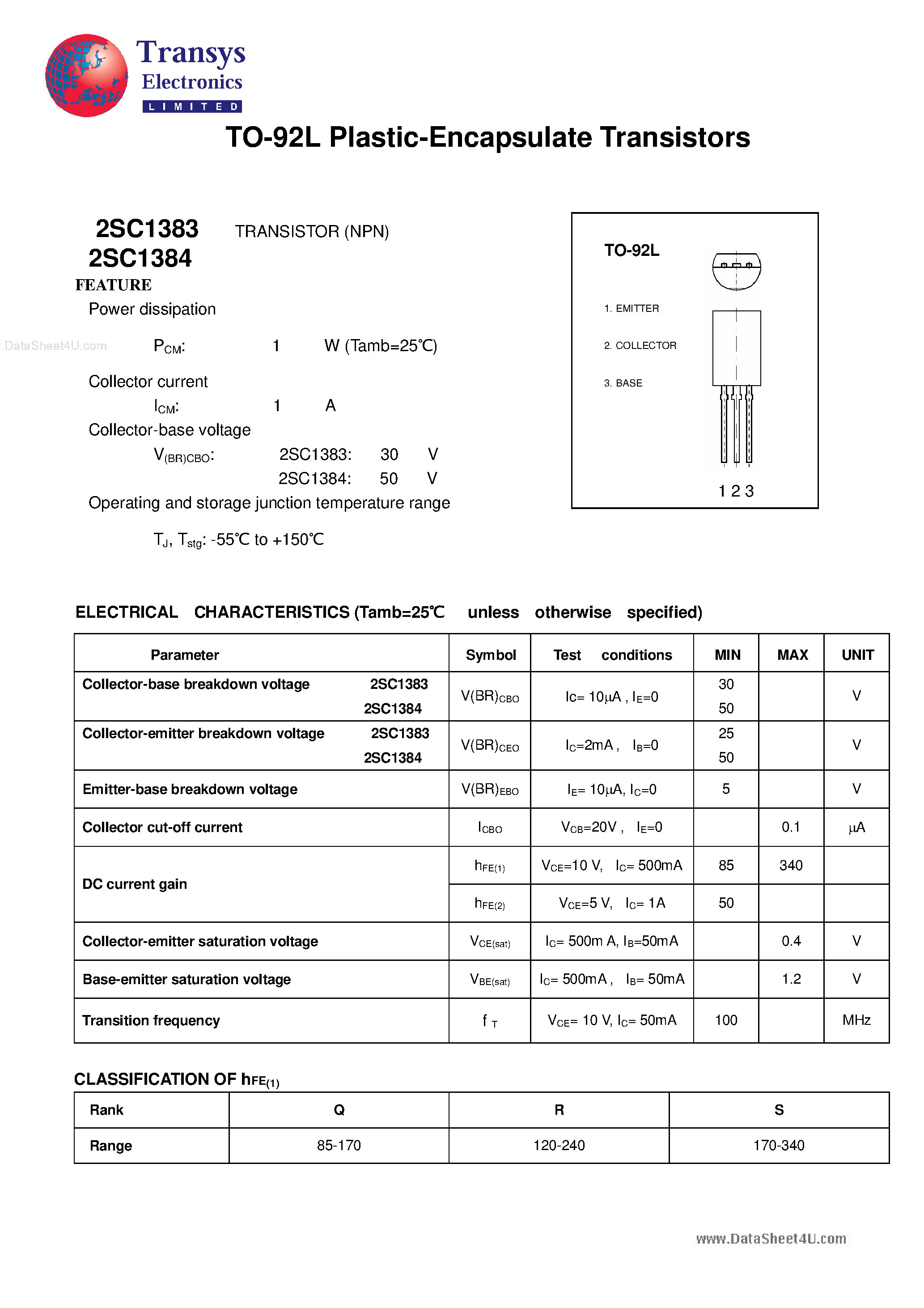 Даташит 2SC1383 - (2SC1383 / 2SC1384) Plastic-Encapsulate Transistors страница 1