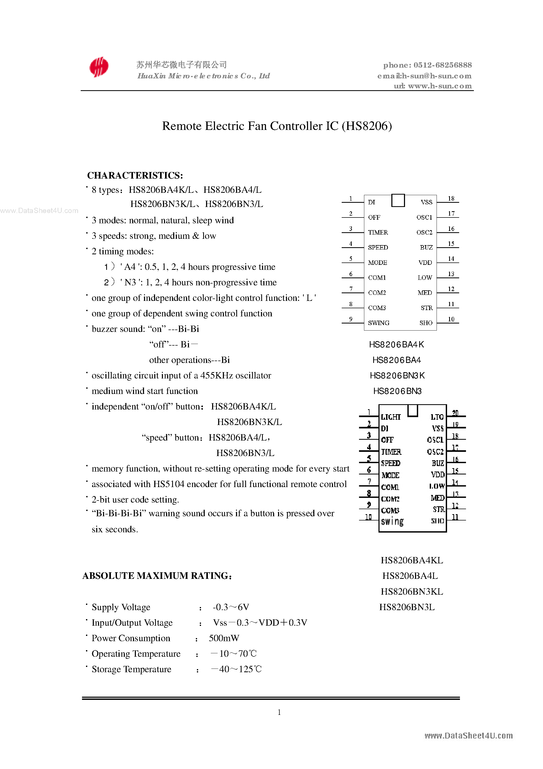 Datasheet HS8206 - Remote Electric Fan Controller page 1