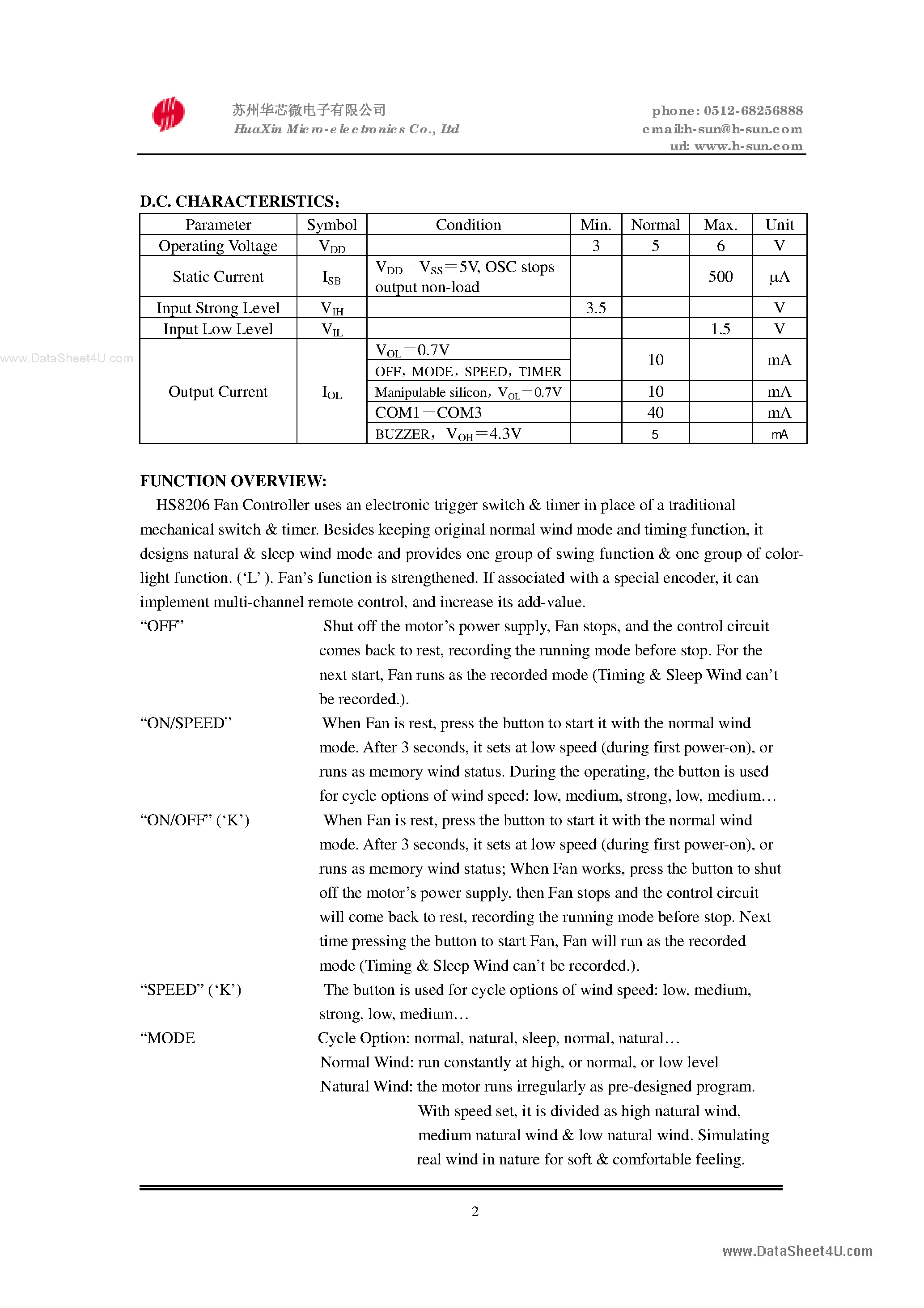 Datasheet HS8206 - Remote Electric Fan Controller page 2