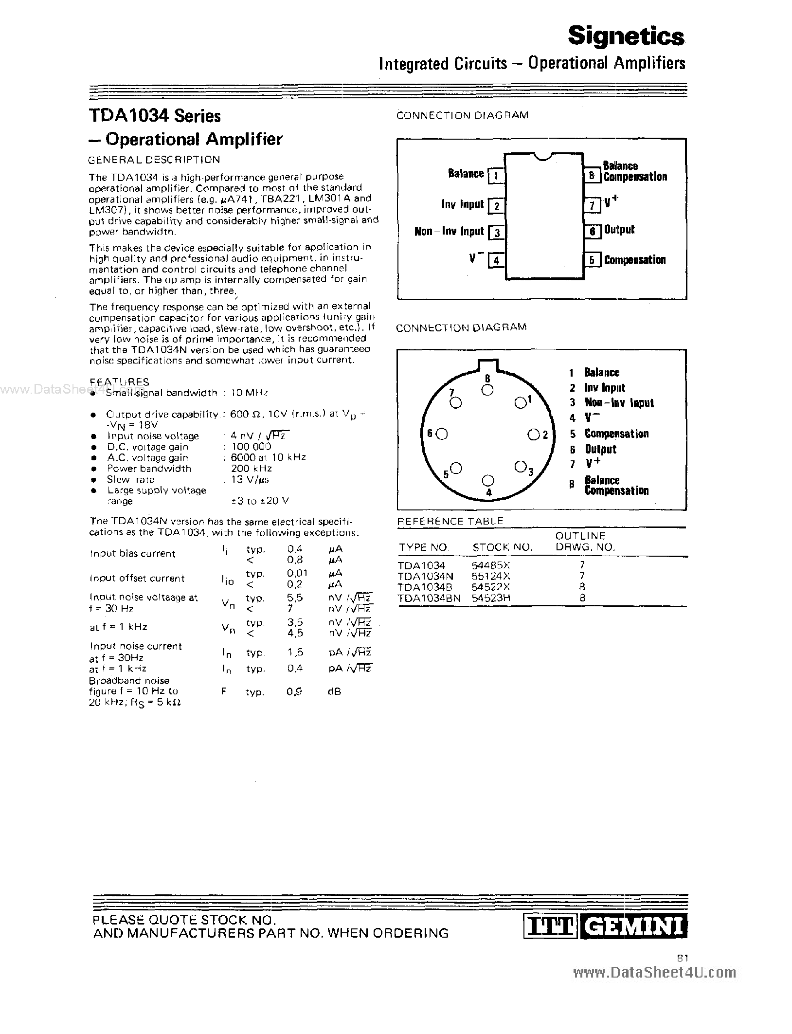 Datasheet TDA1034 page 1 Datasheet TDA1034 - Operational Amplifier page 1
