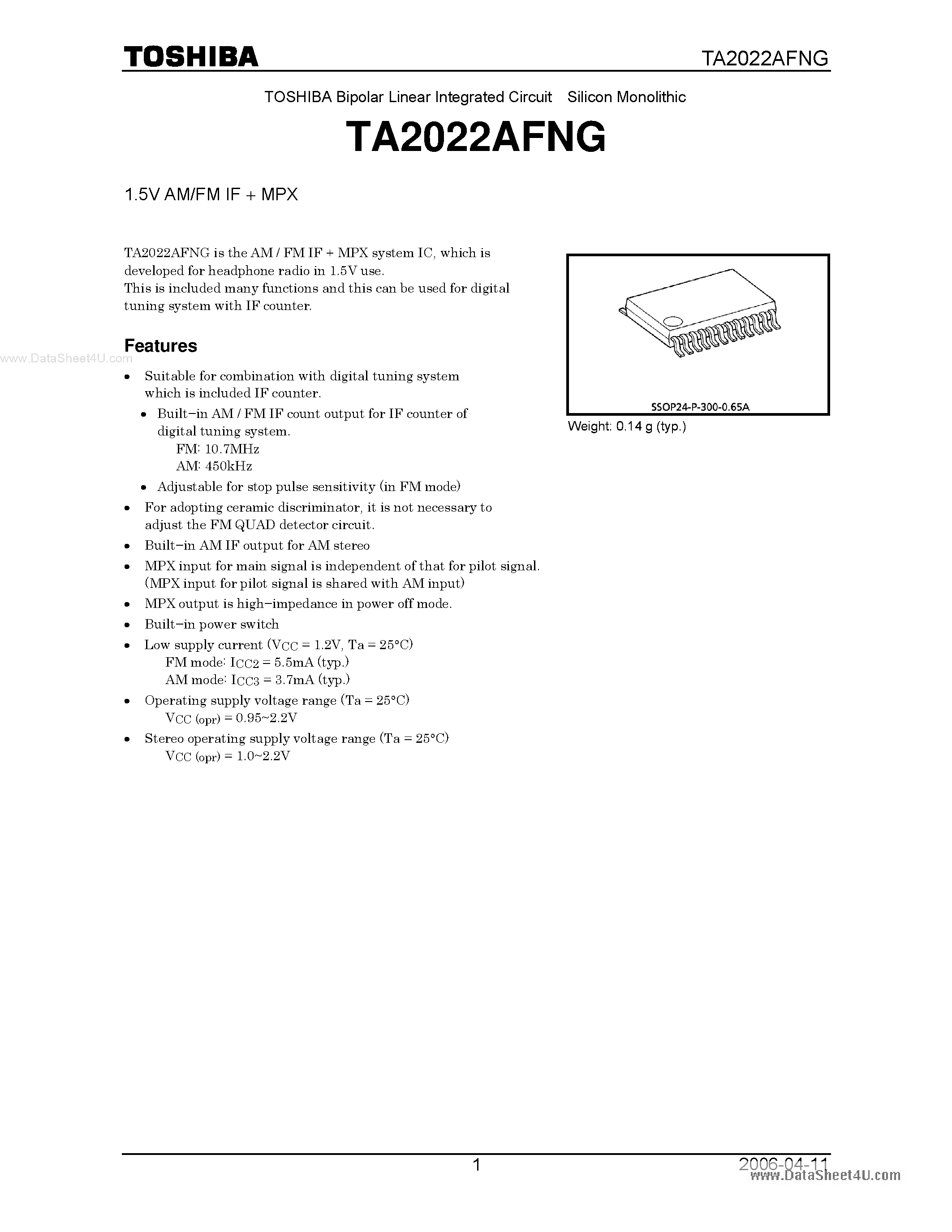 Datasheet TA2022AFNG - 1.5V AM/FM IF MPX page 1