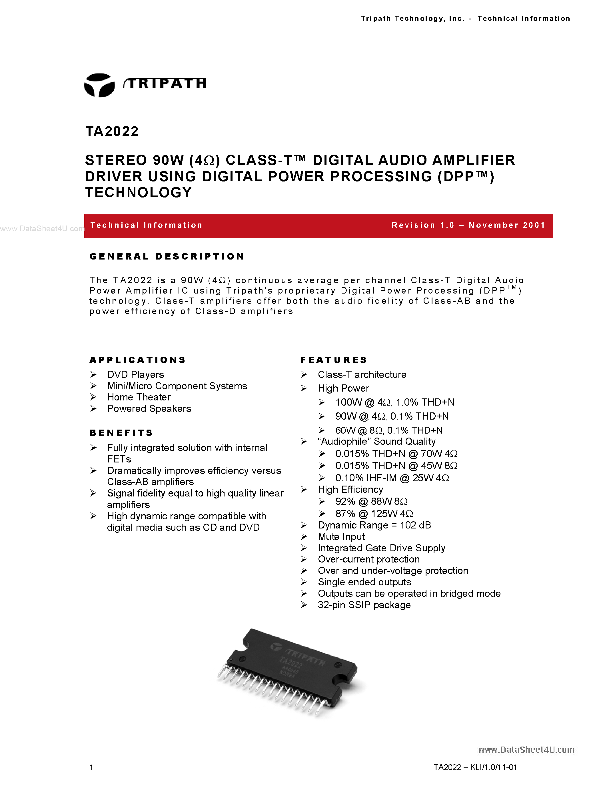 Даташит TA2022 - Stereo 90W Audio Amplifier страница 1
