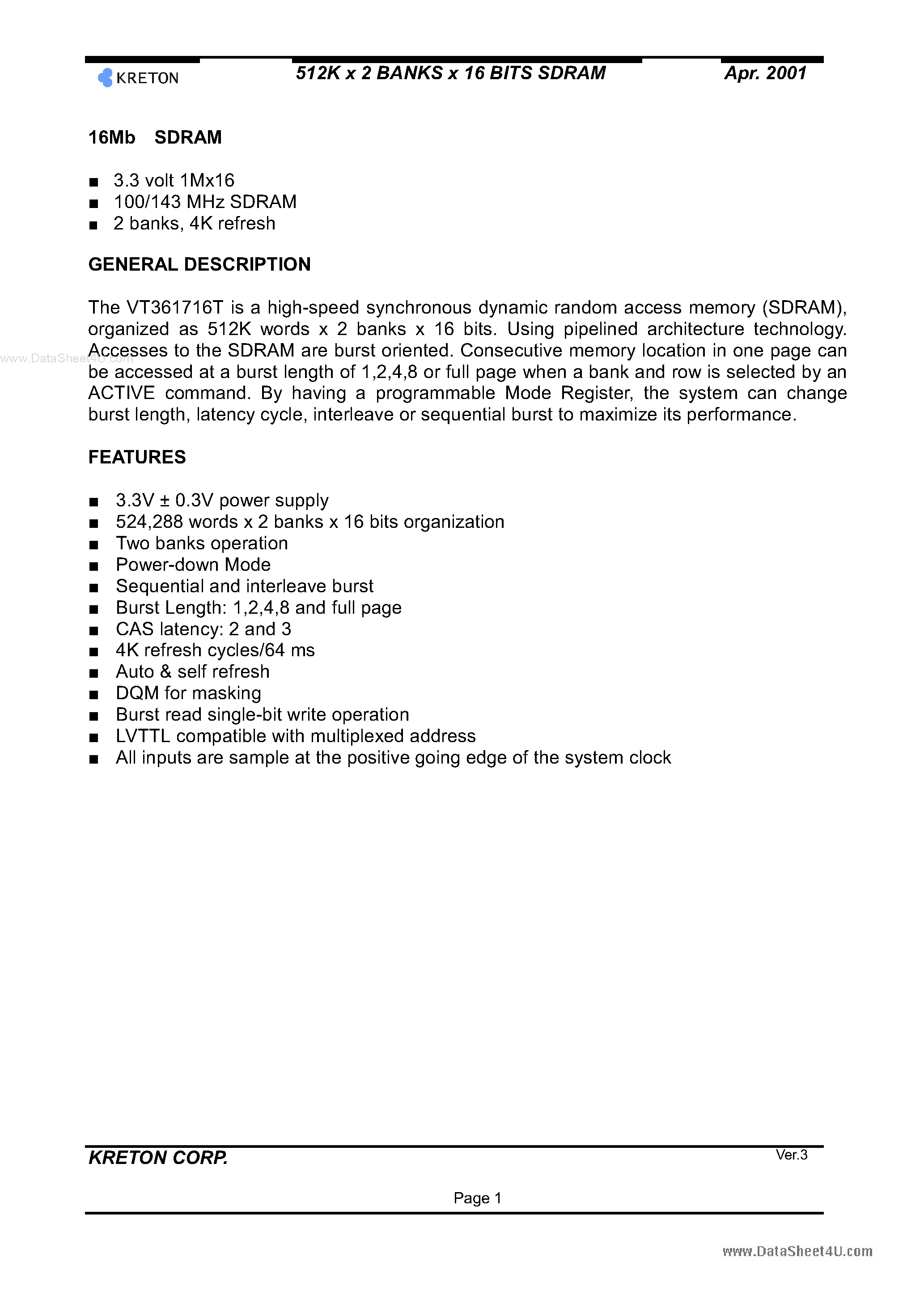 Datasheet VT361716 - 512K X 2 BANKS X 16 BITS SDRAM page 1