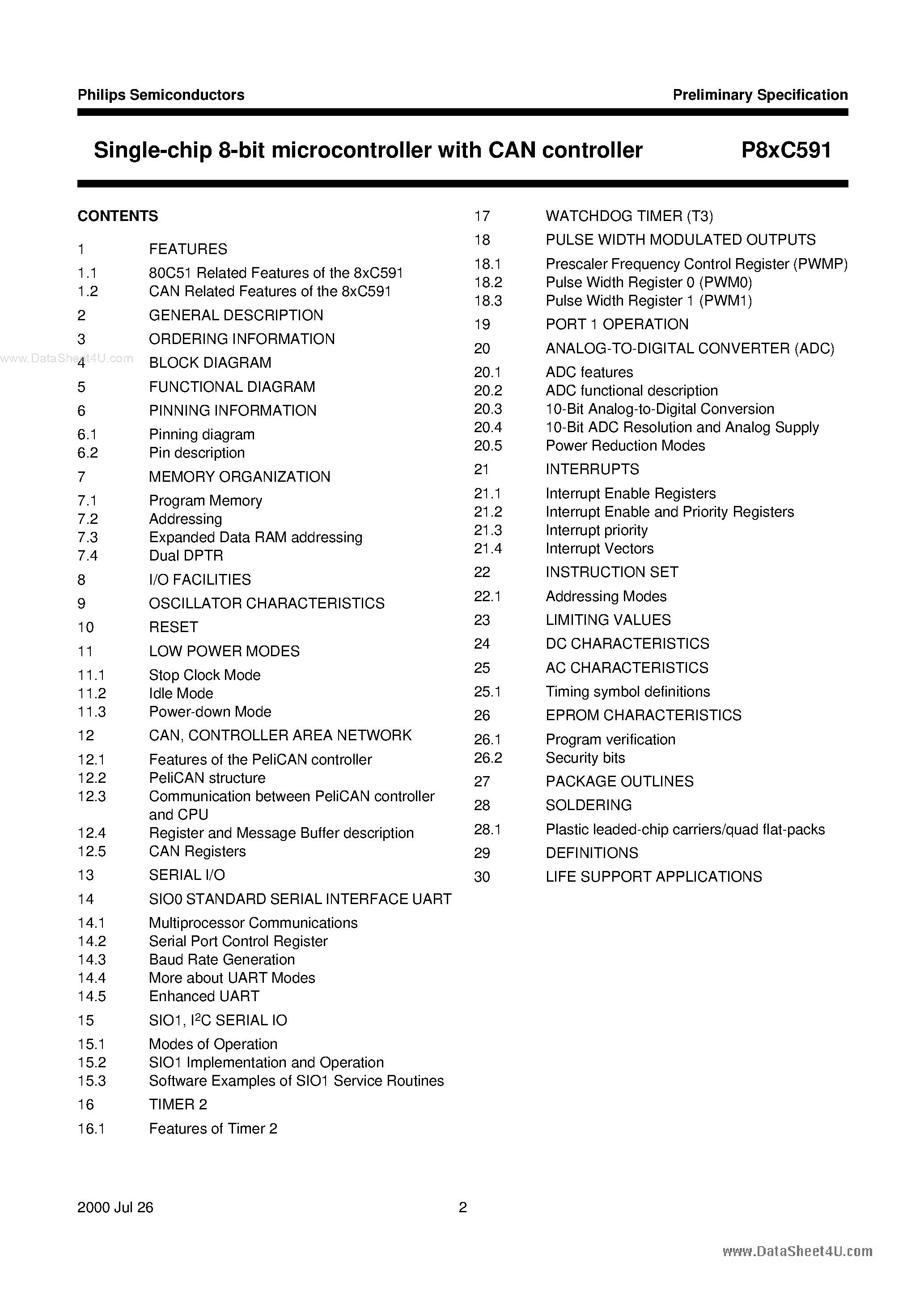 Datasheet P8XC591 page 2 Datasheet P8XC591 - Single-chip 8-bit microcontroller page 2