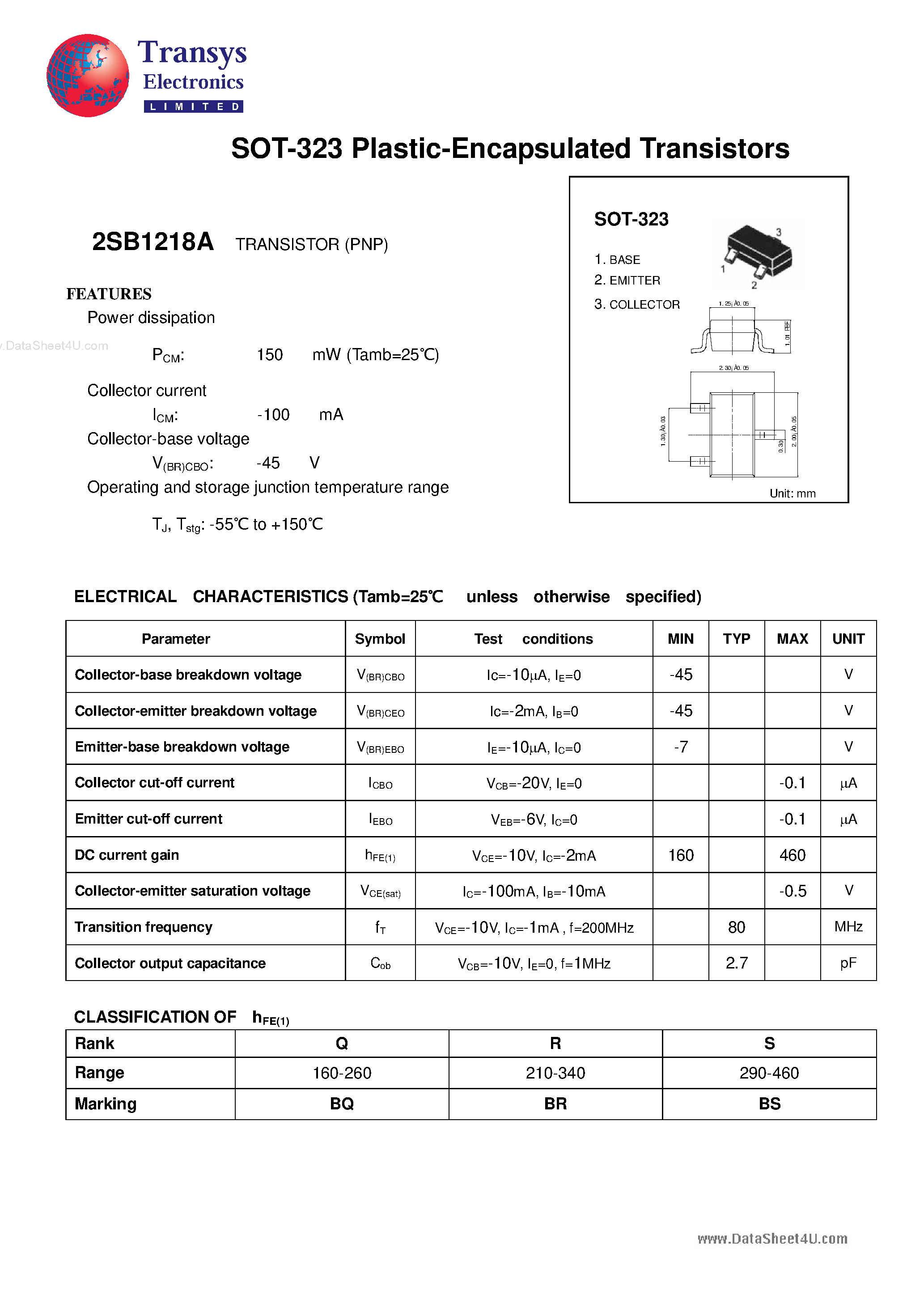 Даташит 2SB1218A - Plastic-Encapsulated Transistors страница 1