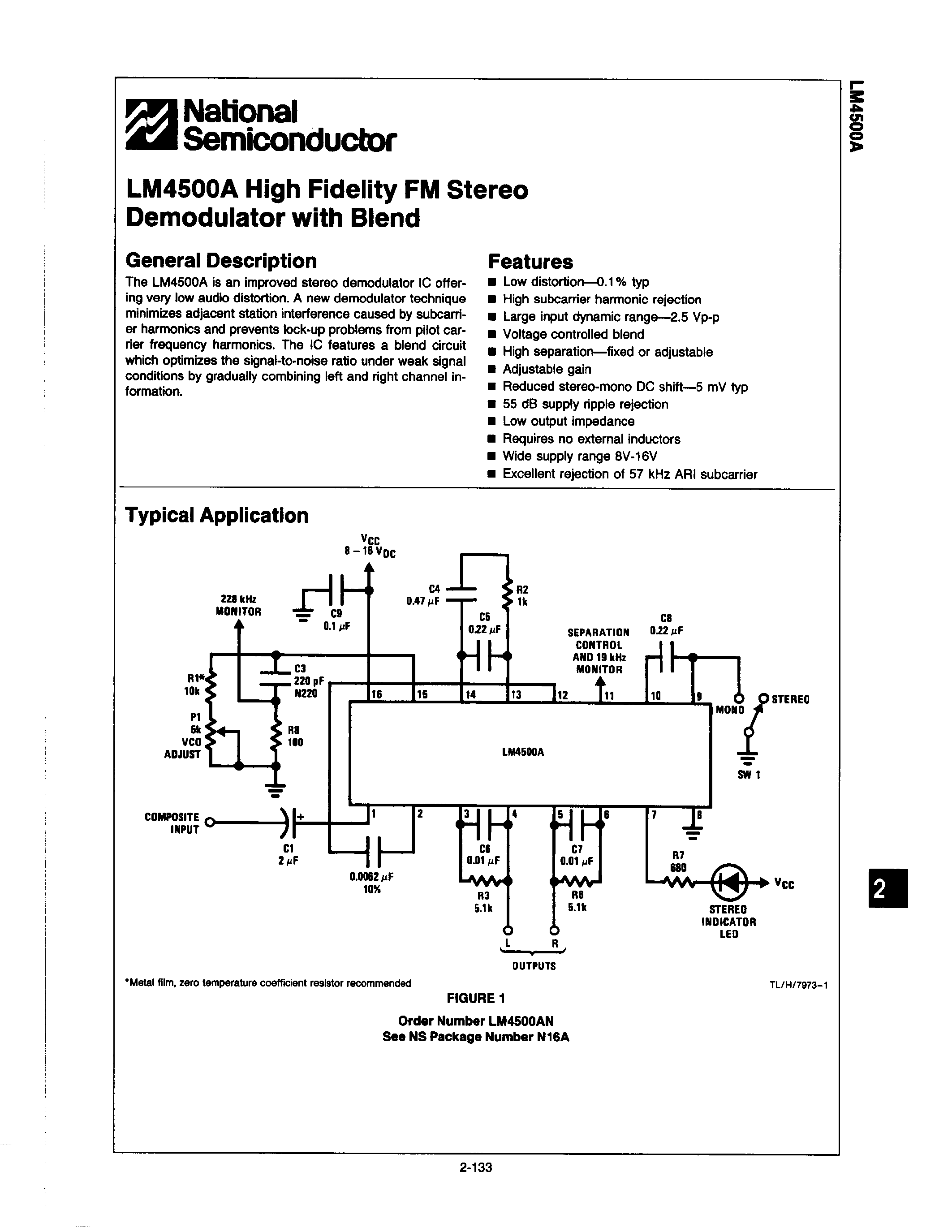 Datasheet LM4500A - High Fidelity FM Stereo Demodulator page 1