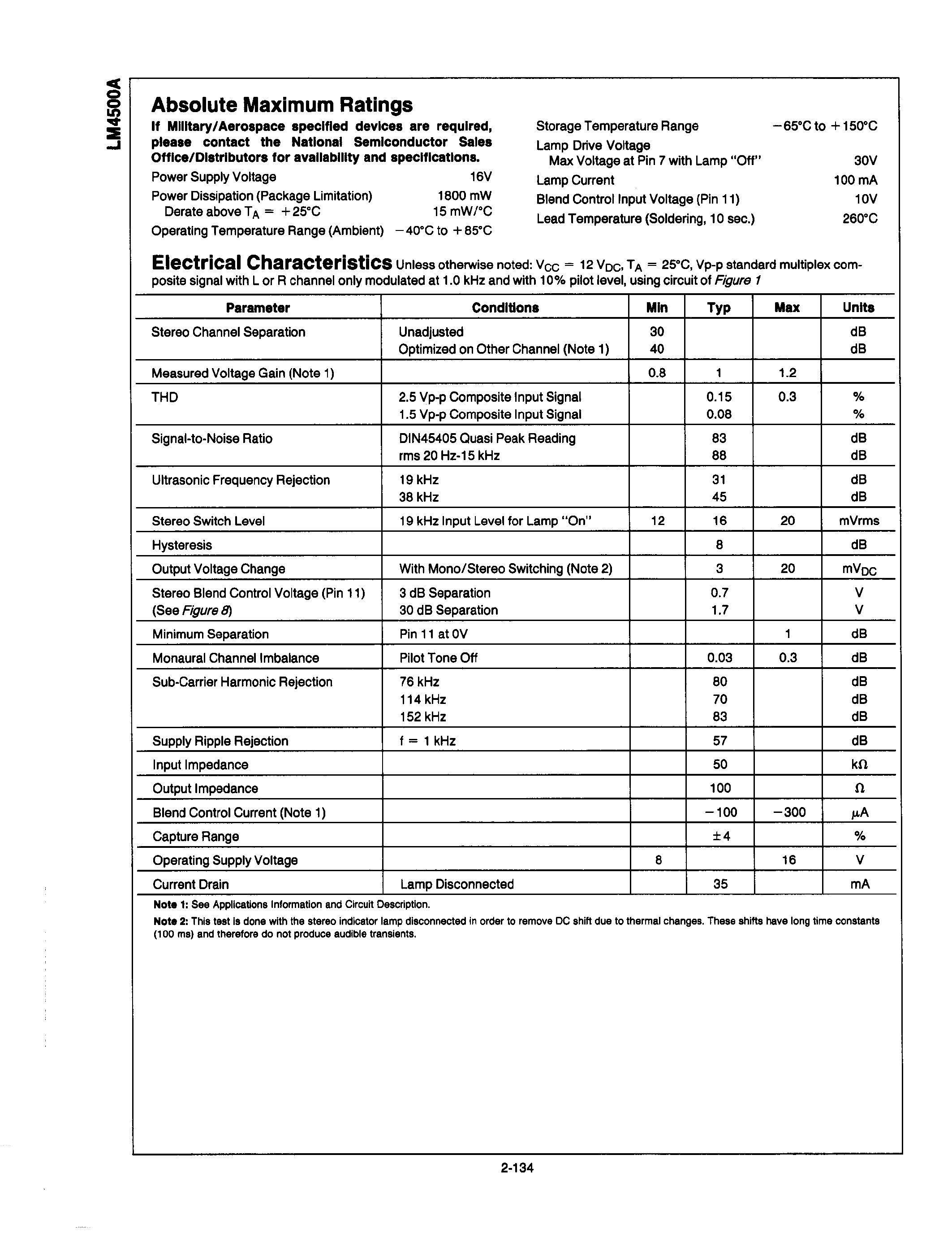 Datasheet LM4500A - High Fidelity FM Stereo Demodulator page 2