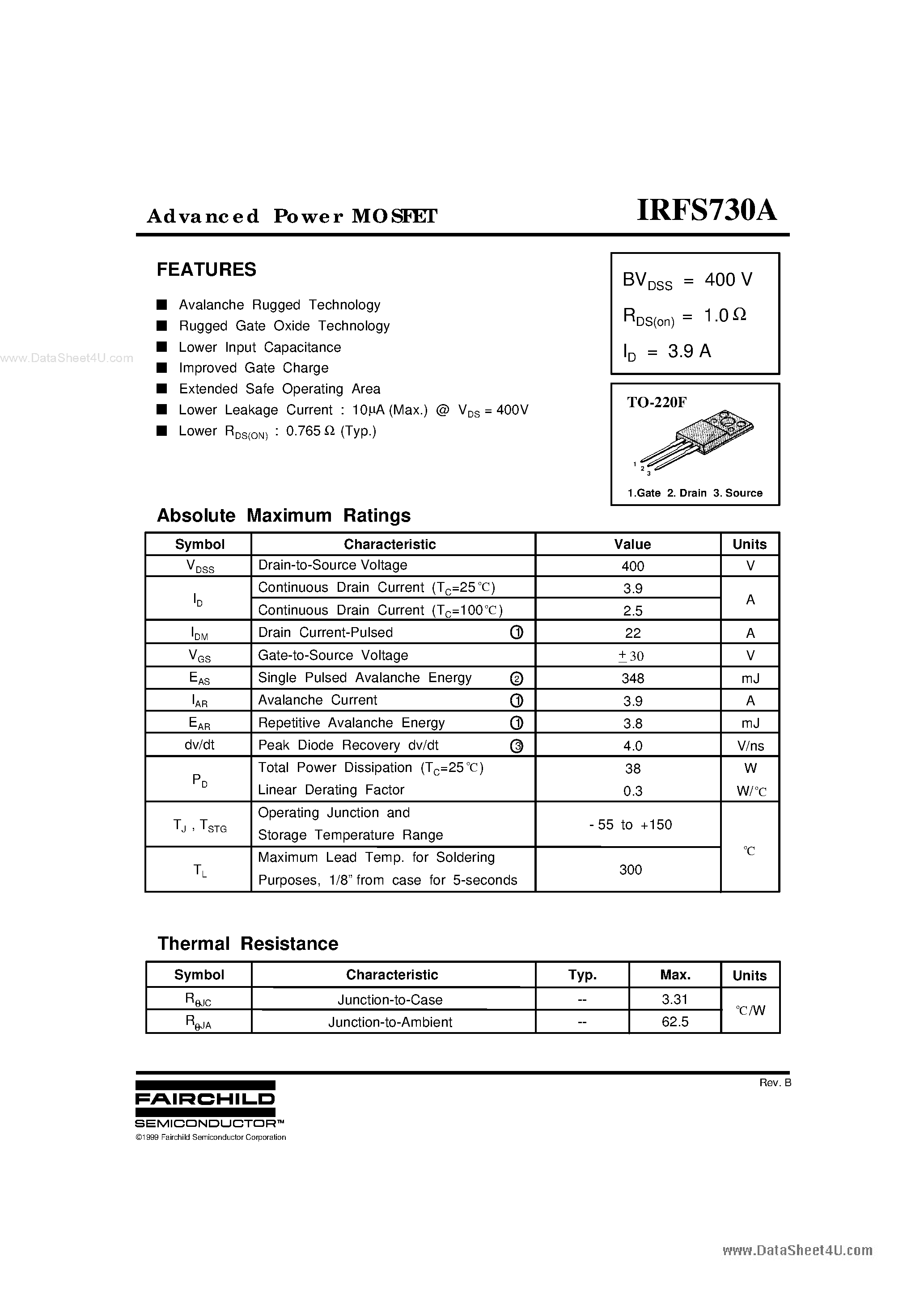 Datasheet IRFS730A - Advanced Power MOSFET page 1
