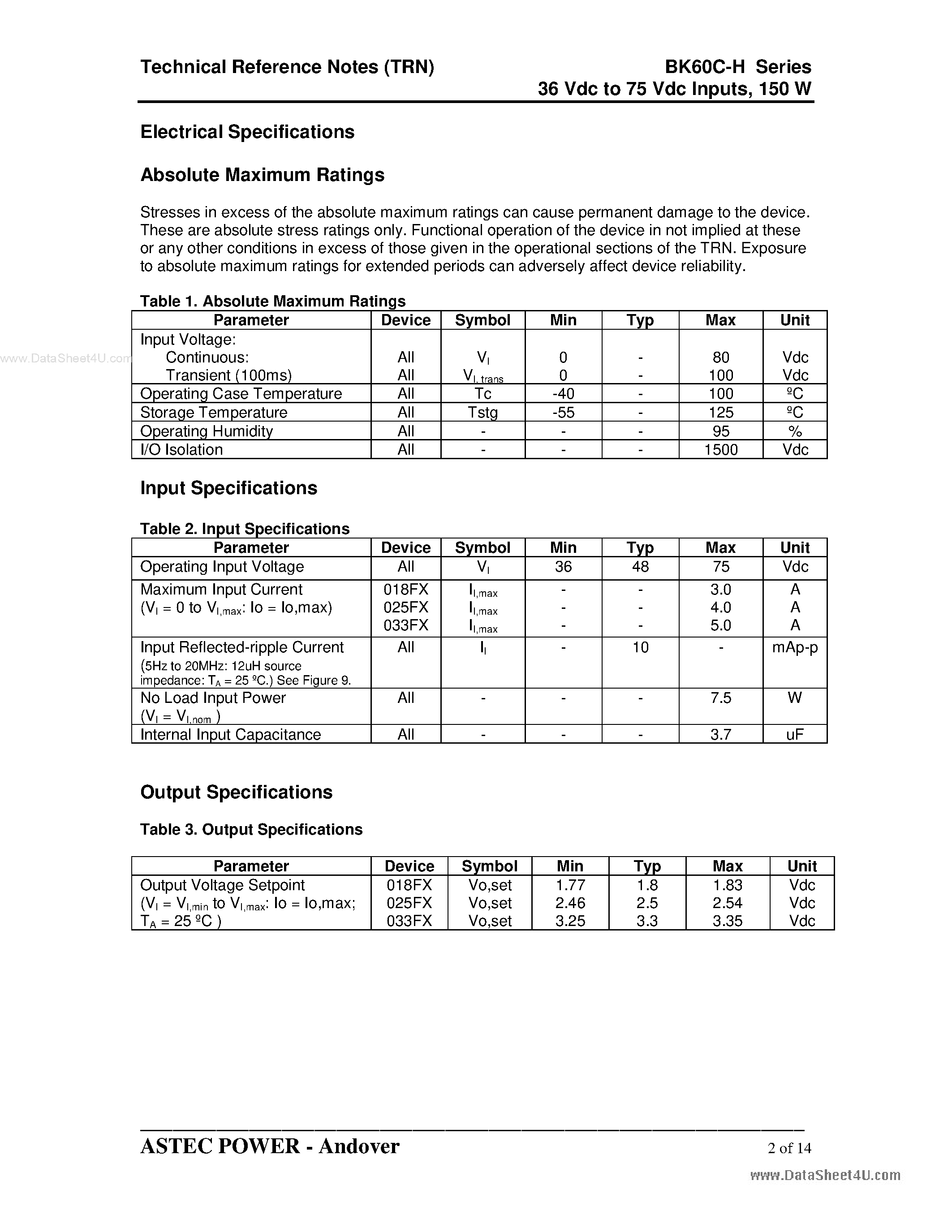 Даташит на микросхему BK60C-H страница 2 Даташит BK60C-H - 36 Vdc to 75 Vdc Inputs страница 2