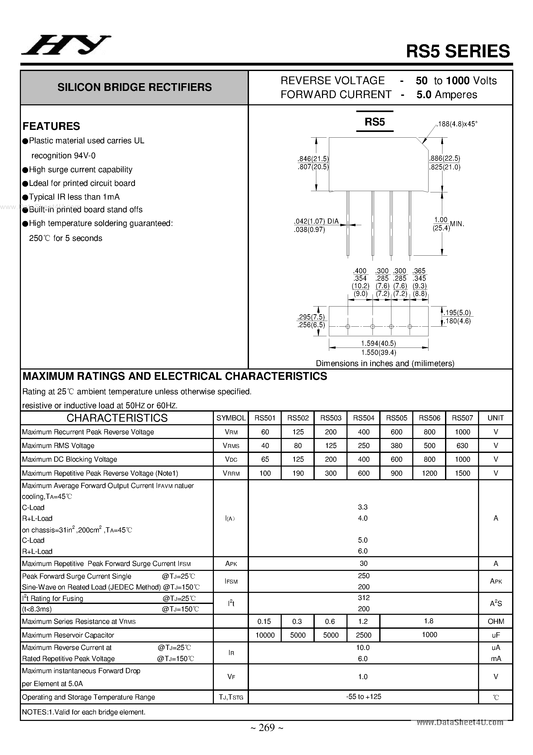 Datasheet RS507 page 1 Datasheet RS507 - (RS5xx) SILICON BRIDGE RECTIFIERS page 1
