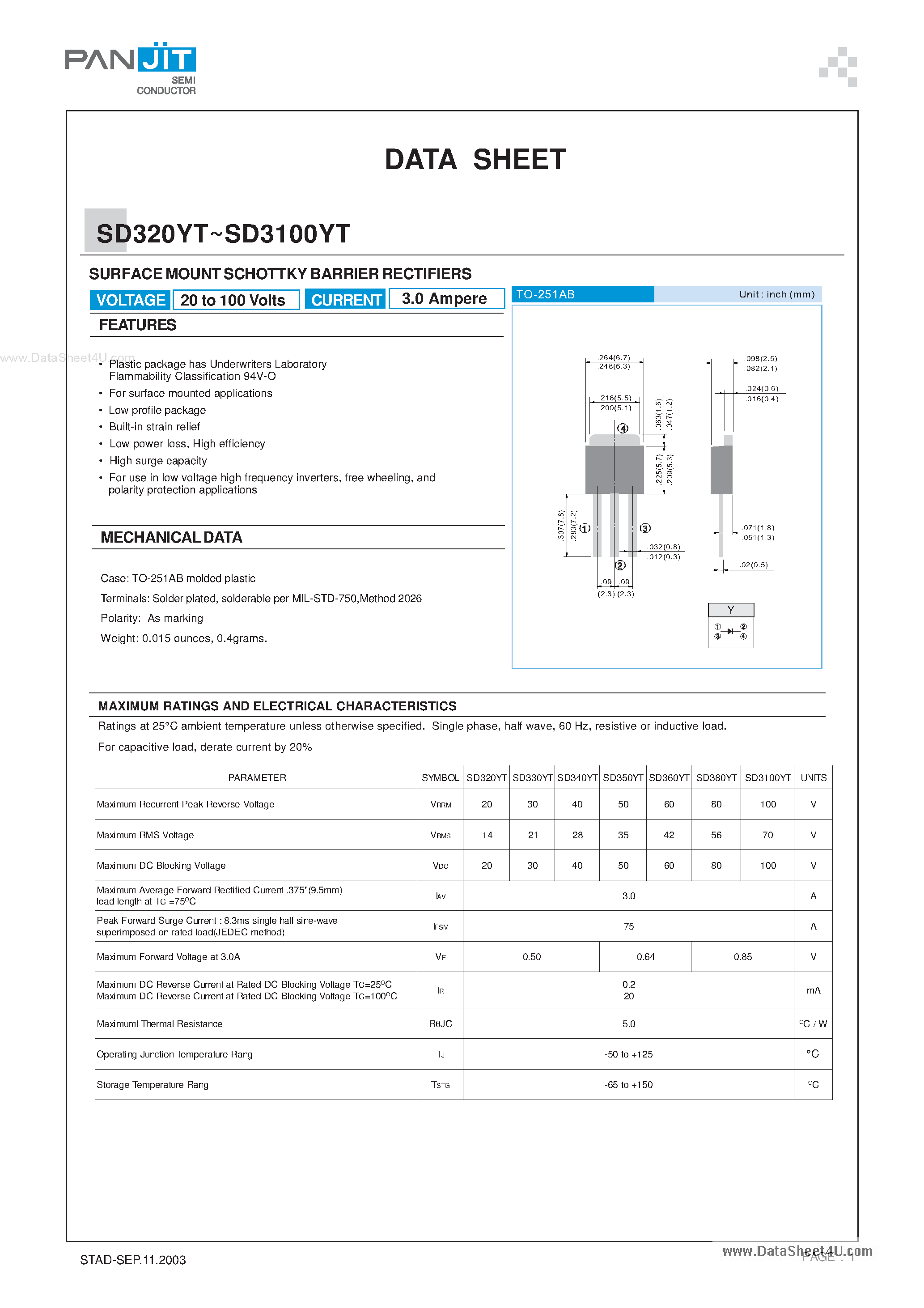Datasheet SD3100YT - (SD320YT - SD3100YT) SURFACE MOUNT SCHOTTKY BARRIER RECTIFIERS page 1
