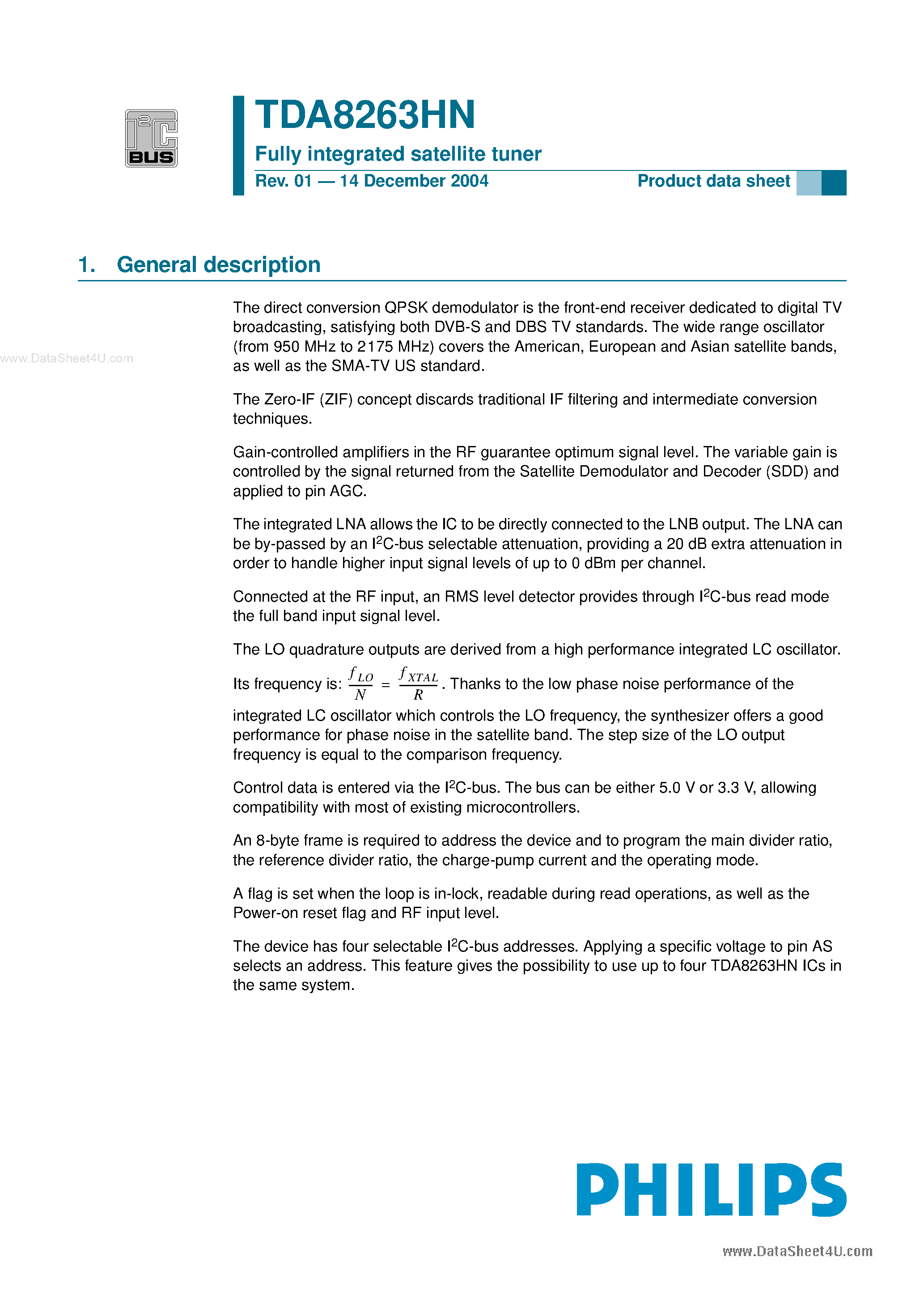 Datasheet TDA8263HN - Fully Integrated Satellite Tuner page 1