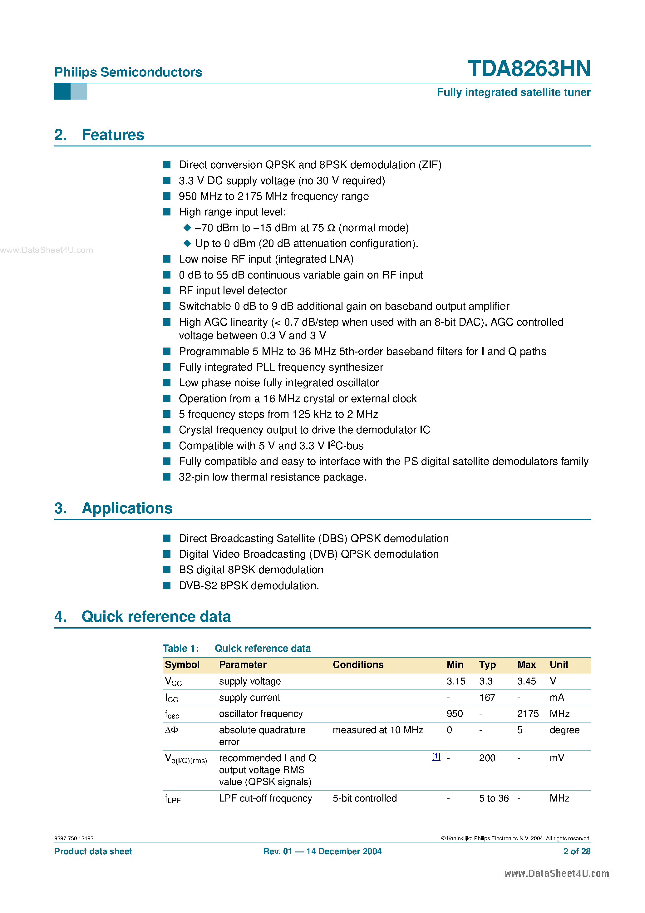 Datasheet TDA8263HN - Fully Integrated Satellite Tuner page 2