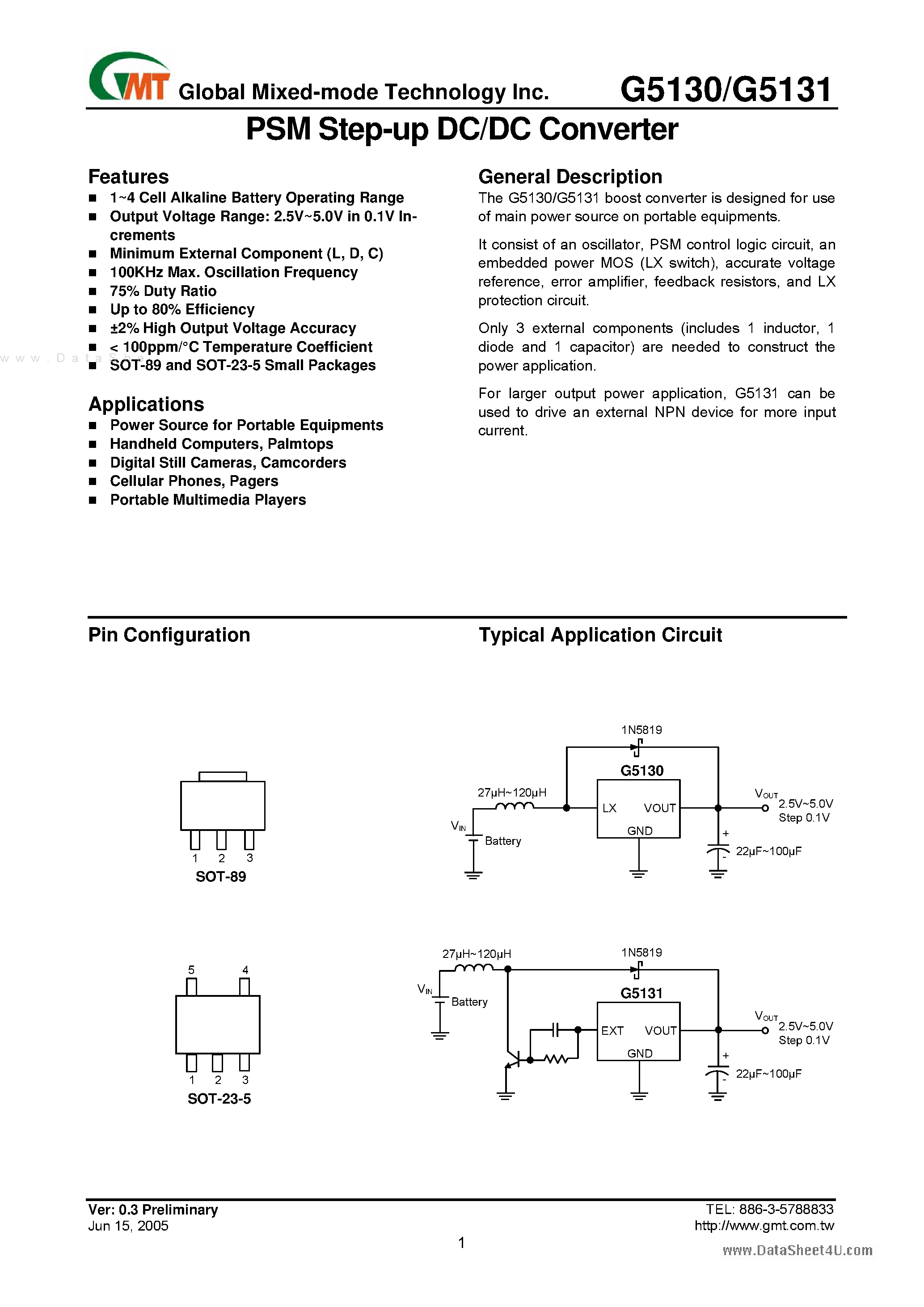 Даташит G5130 - (G5130 / G5131) PSM Step-up DC/DC Converter страница 1