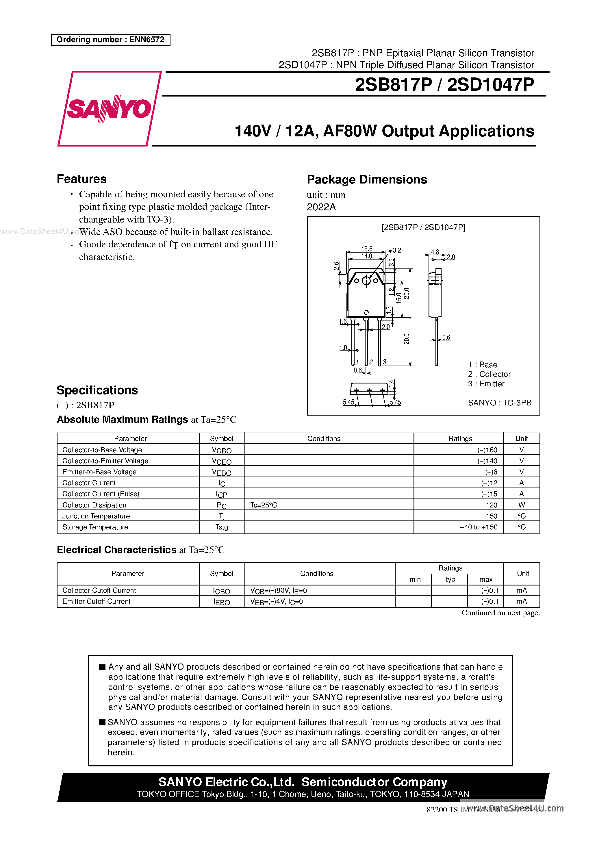 Даташит 2SD1047P - General-Purpose Amplifier Transistors страница 1