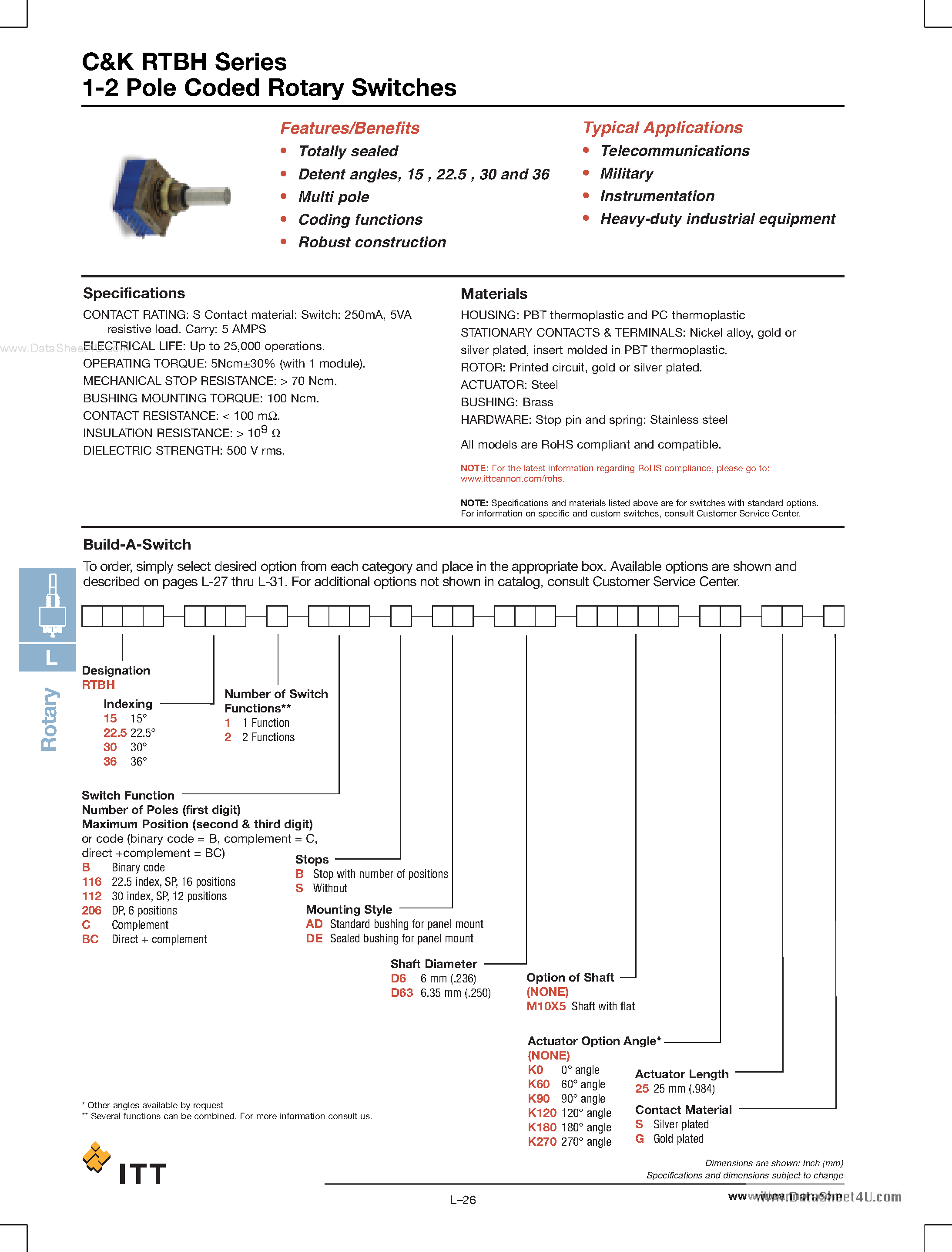 Datasheet RTBH page 1 Datasheet RTBH - 1-2 Pole Coded Rotary Switches page 1