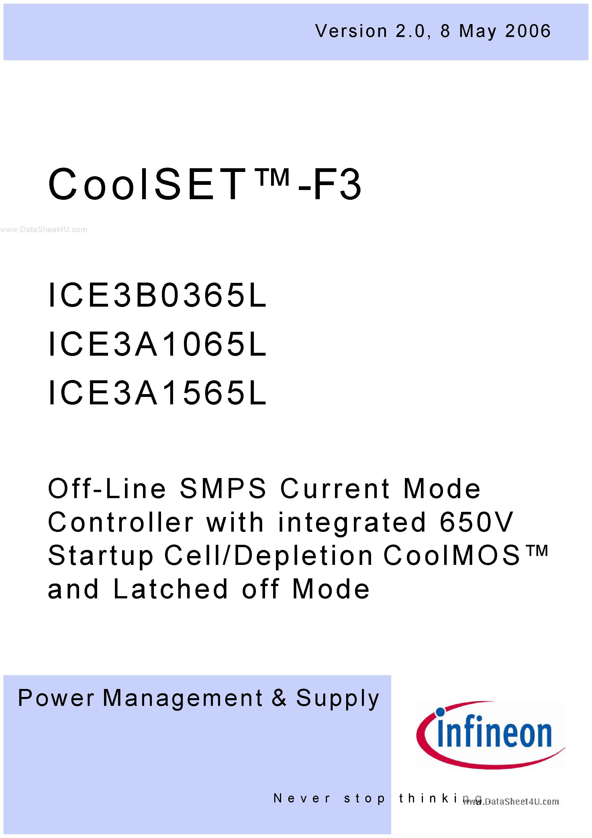 Datasheet ICE3A1065L - (ICE3xxx65L) Off-Line SMPS Current Mode Controller page 1