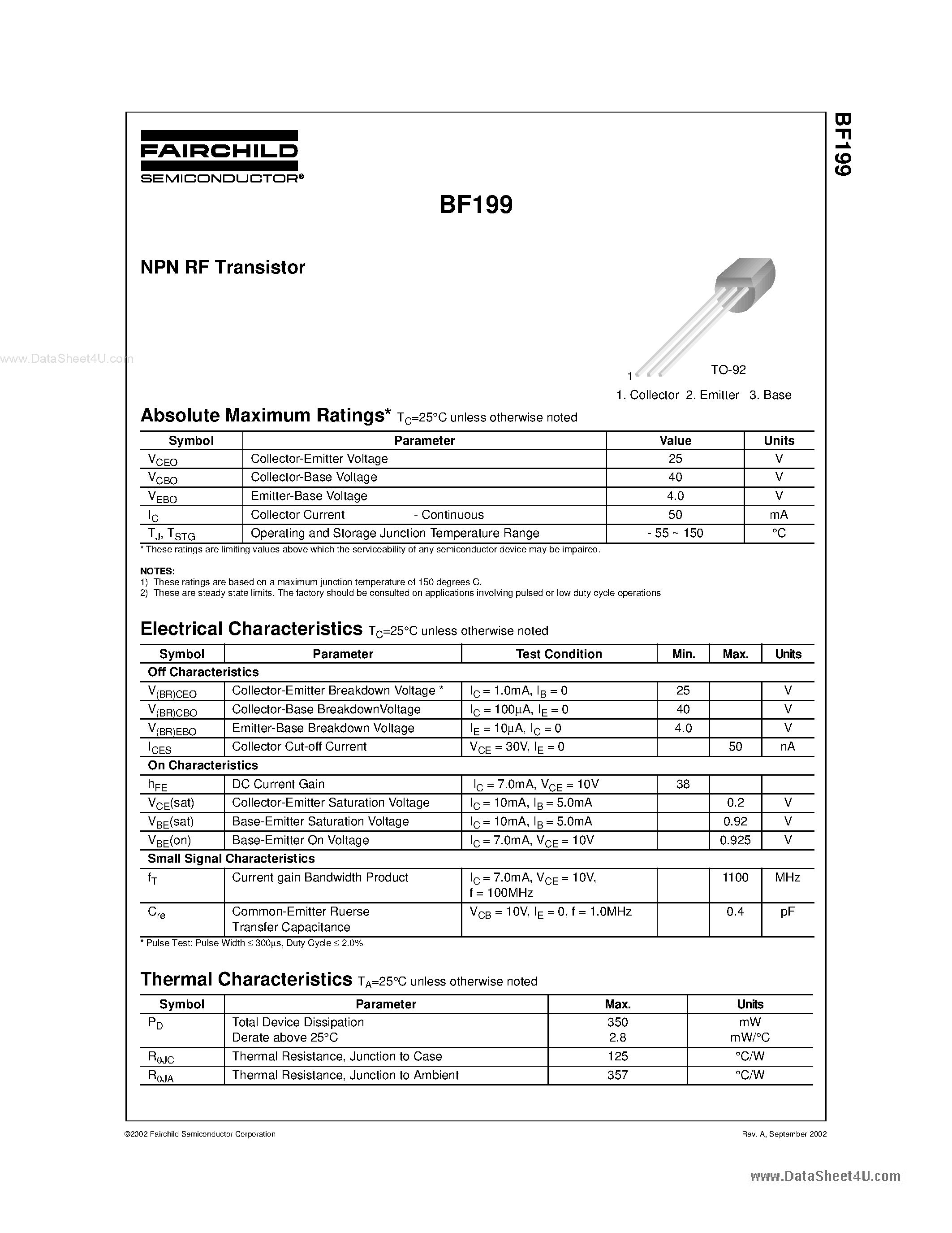 Datasheet BF199 page 1 Datasheet BF199 - NPN RF Transistor page 1