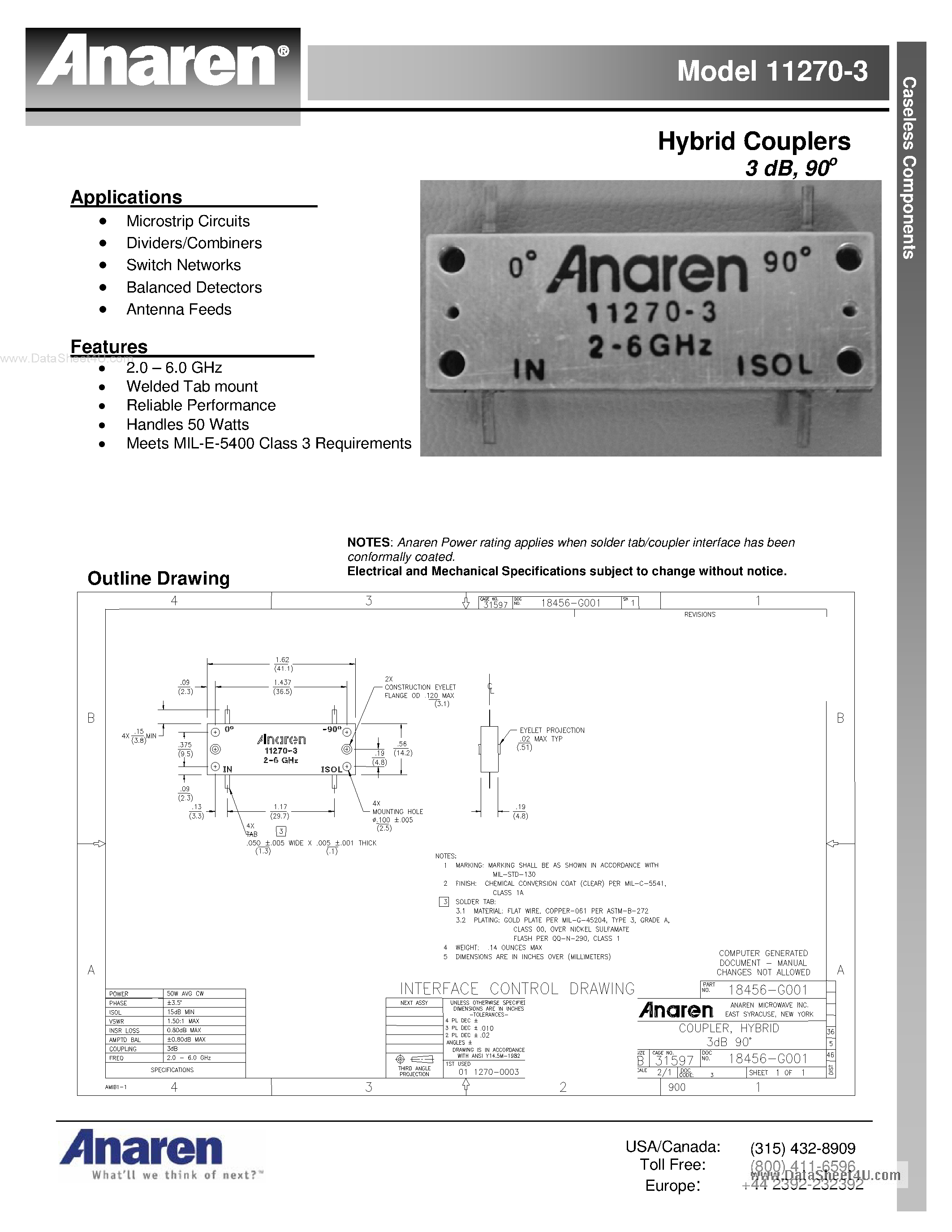 Даташит на микросхему 11270-3 страница 1 Даташит 11270-3 - Hybrid Couplers страница 1