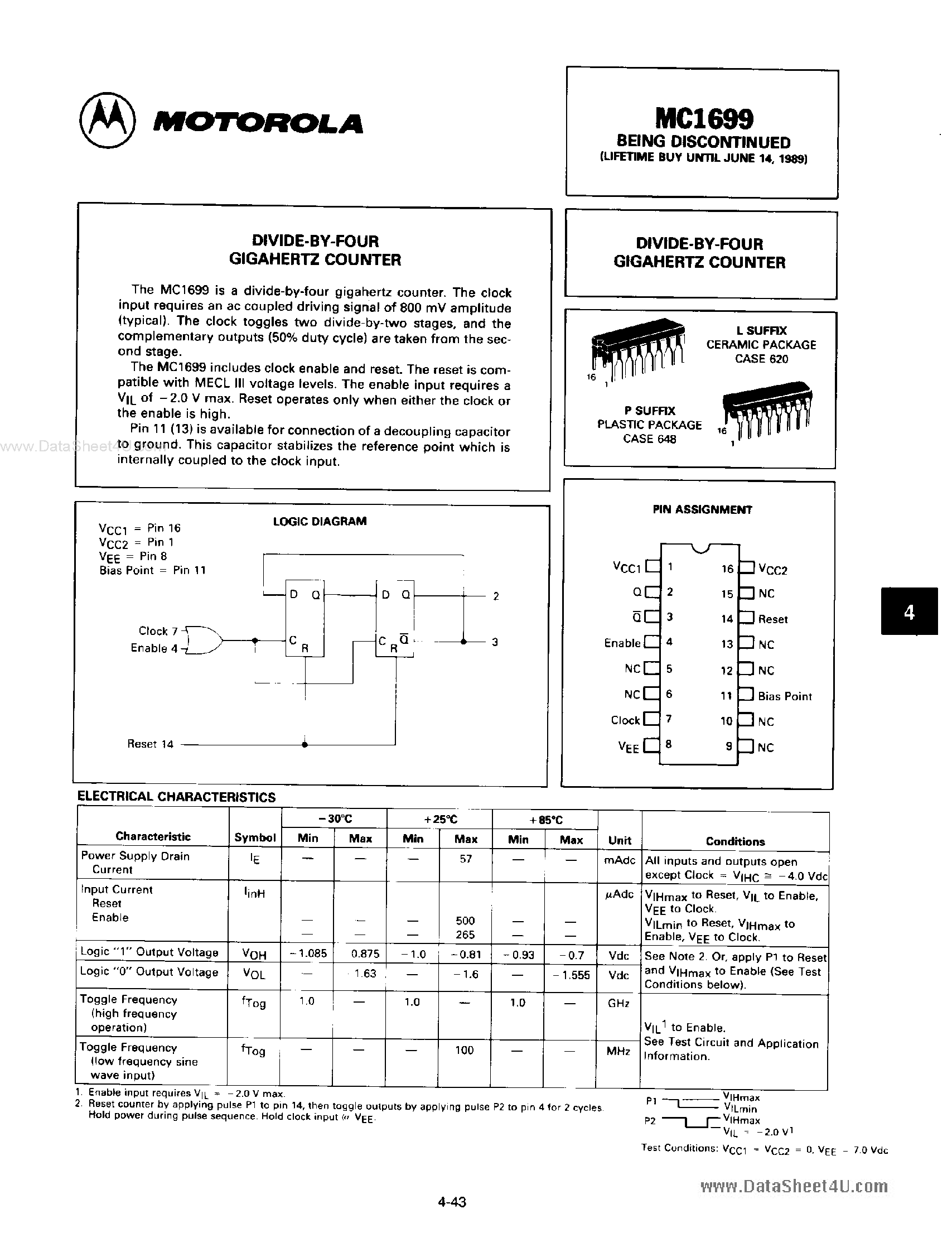 Даташит на микросхему MC1699 страница 1 Даташит MC1699 - DIVIDE-BY-FOUR GIGAHERTZ COUNTER страница 1