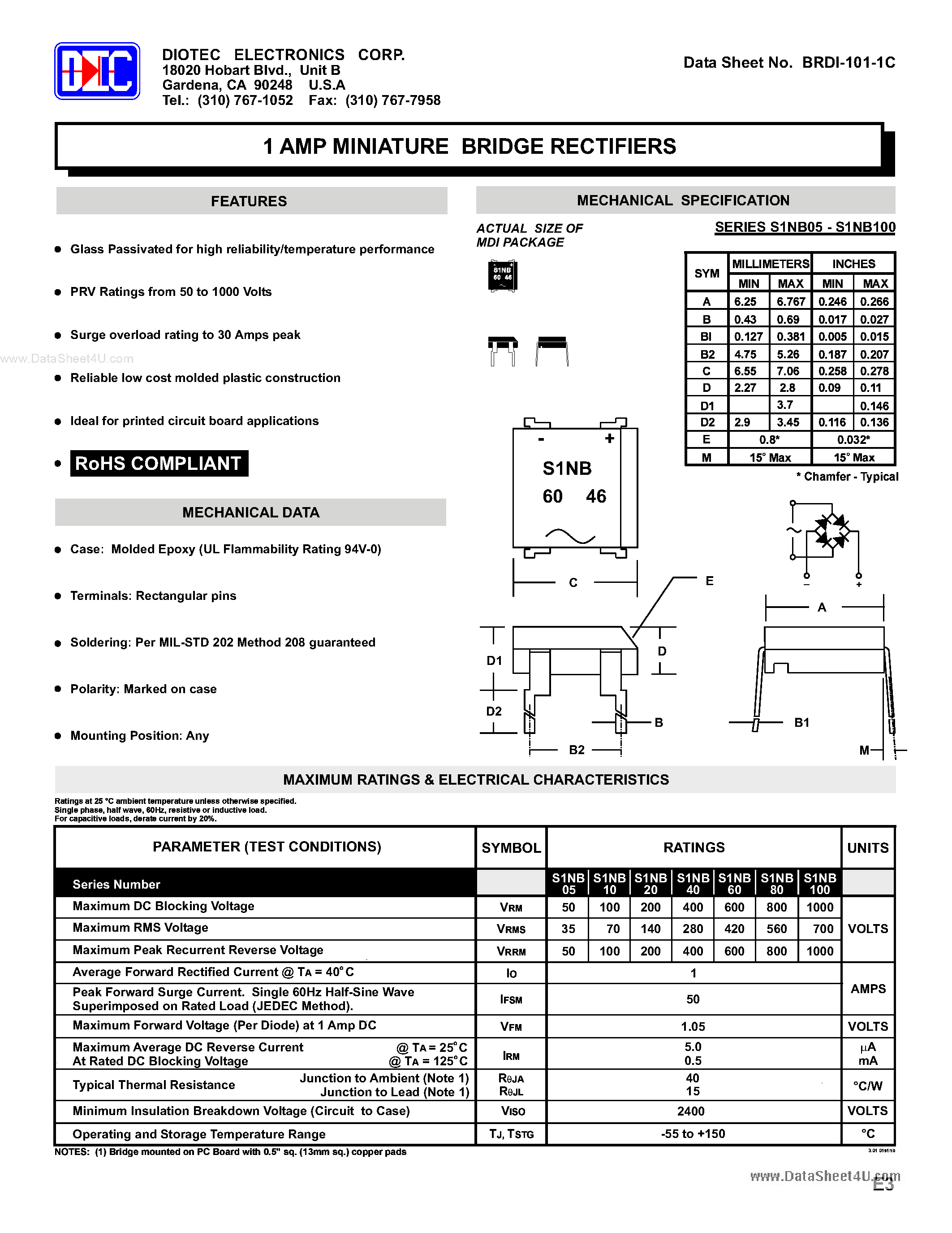 Datasheet S1NB05 page 1 Datasheet S1NB05 - (S1NBxx) 1 AMP MINIATURE BRIDGE RECTIFIERS page 1