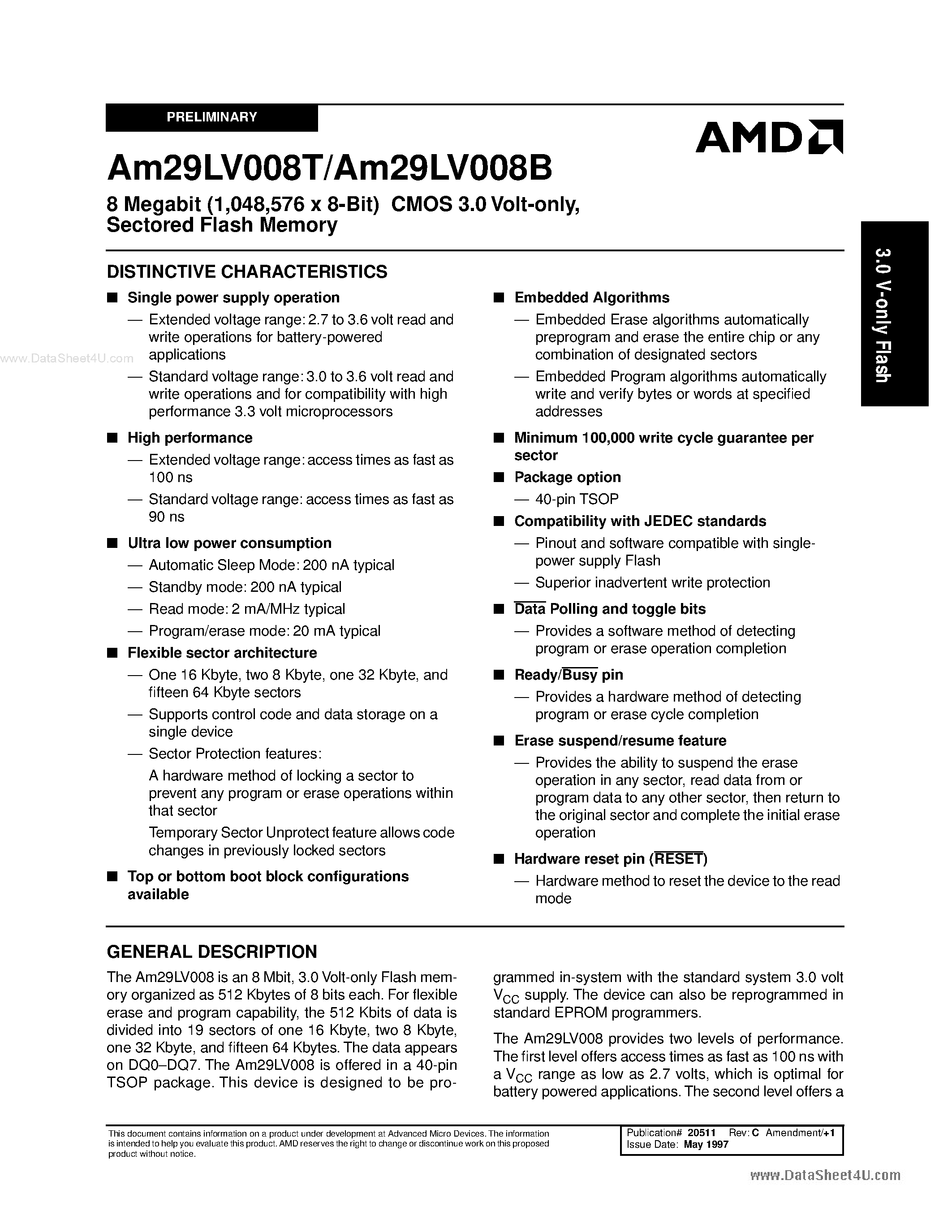 Datasheet AM29LV008T - 8 Megabit Sectored Flash Memory page 1
