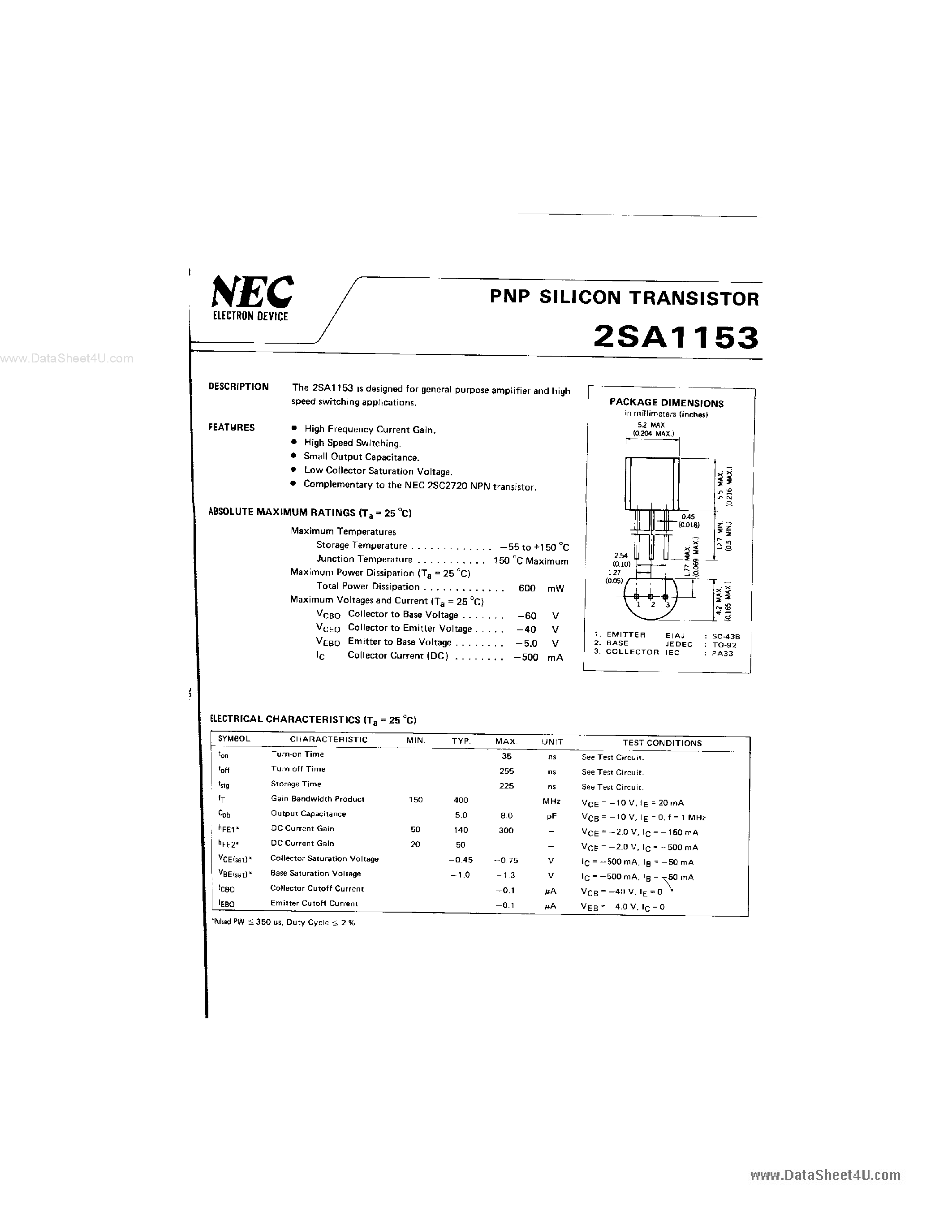 Datasheet 2SA1153 - PNP SILICON TRANSISTOR page 1