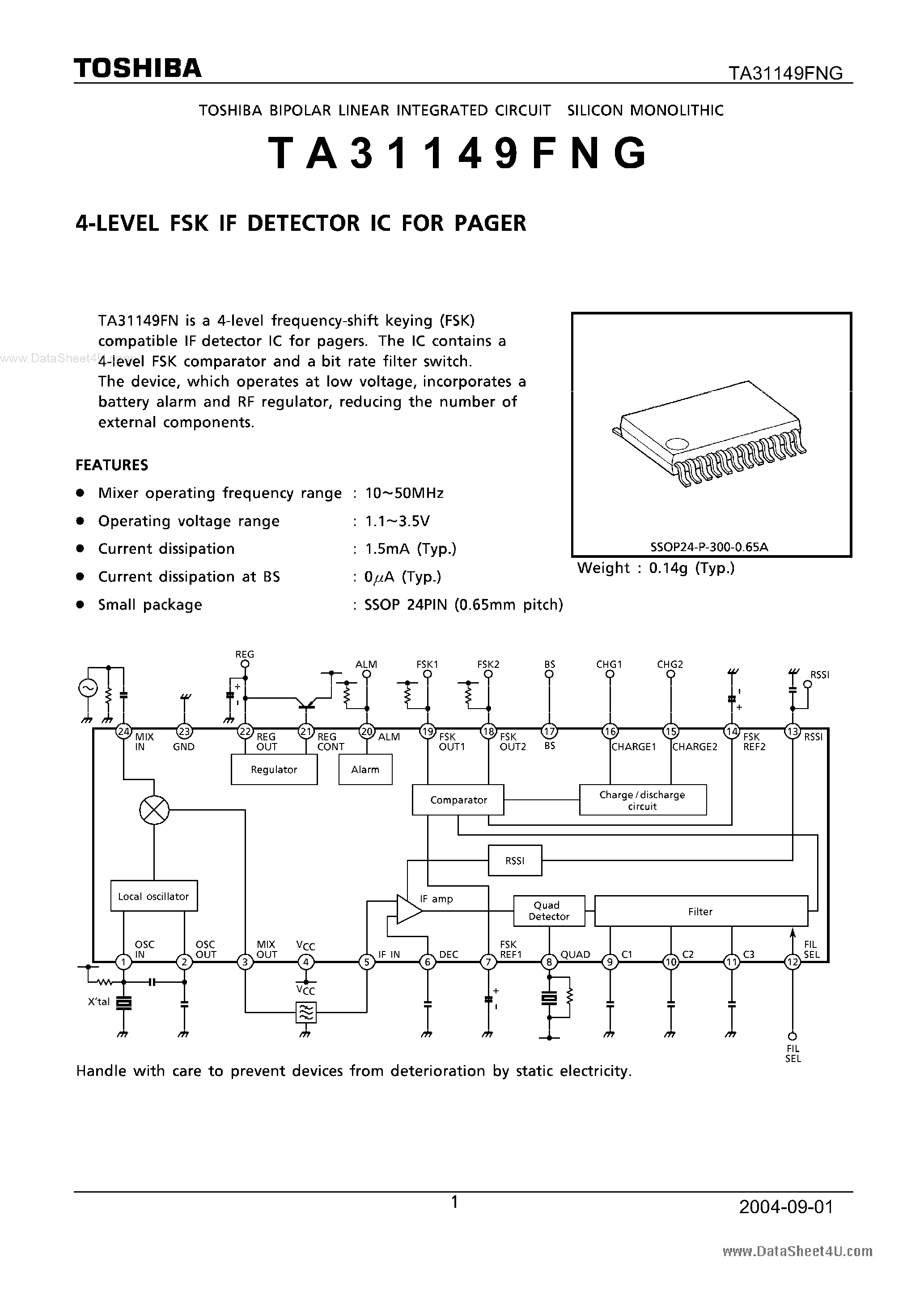 Datasheet TA31149FNG - 5-LEVEL FSK IF DETECTOR IC page 1