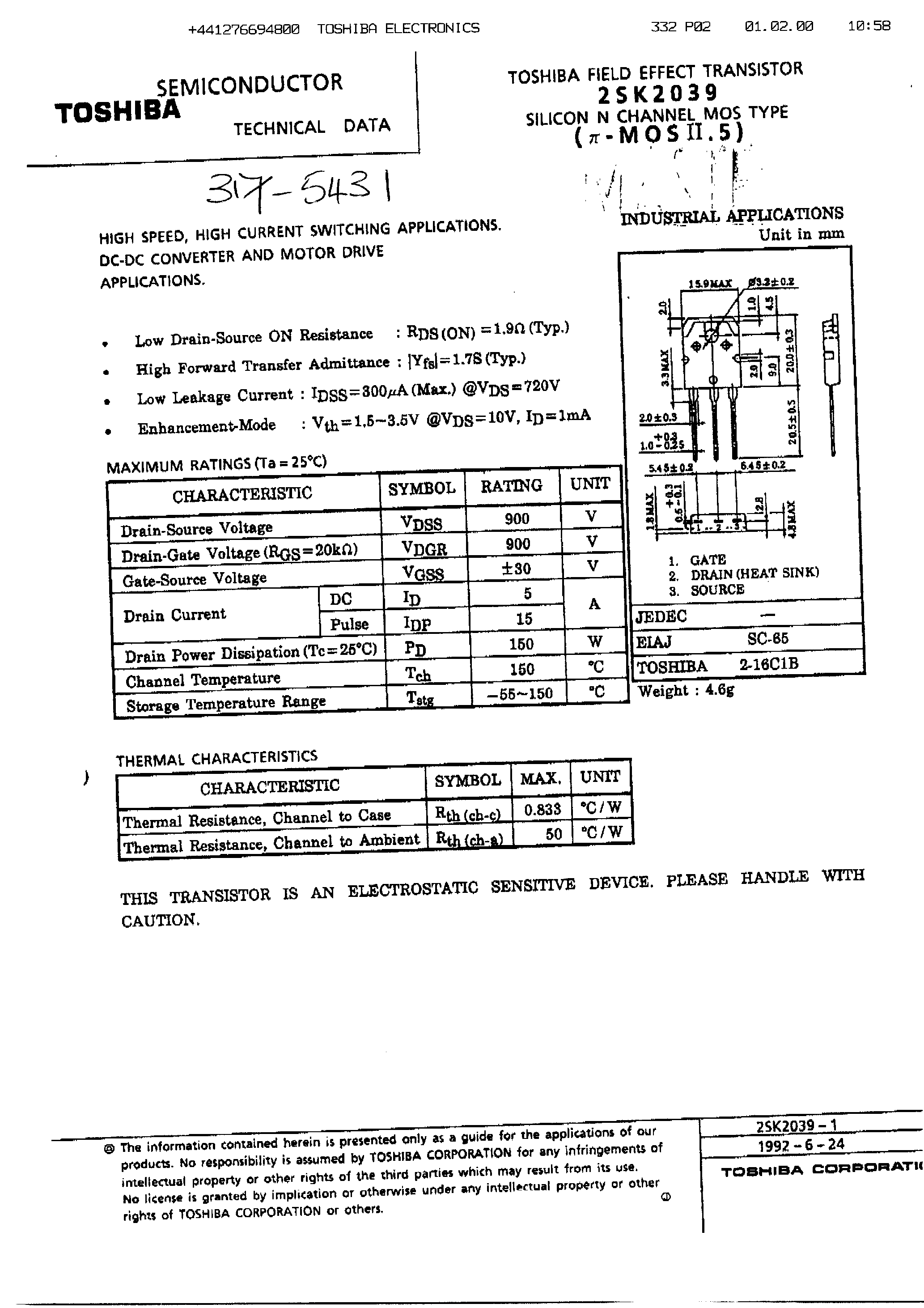 Даташит на микросхему 2SK2039 страница 1 Даташит 2SK2039 - DC-DC CONVERTER AND MOTOR DRIVE APPLICATIONS страница 1