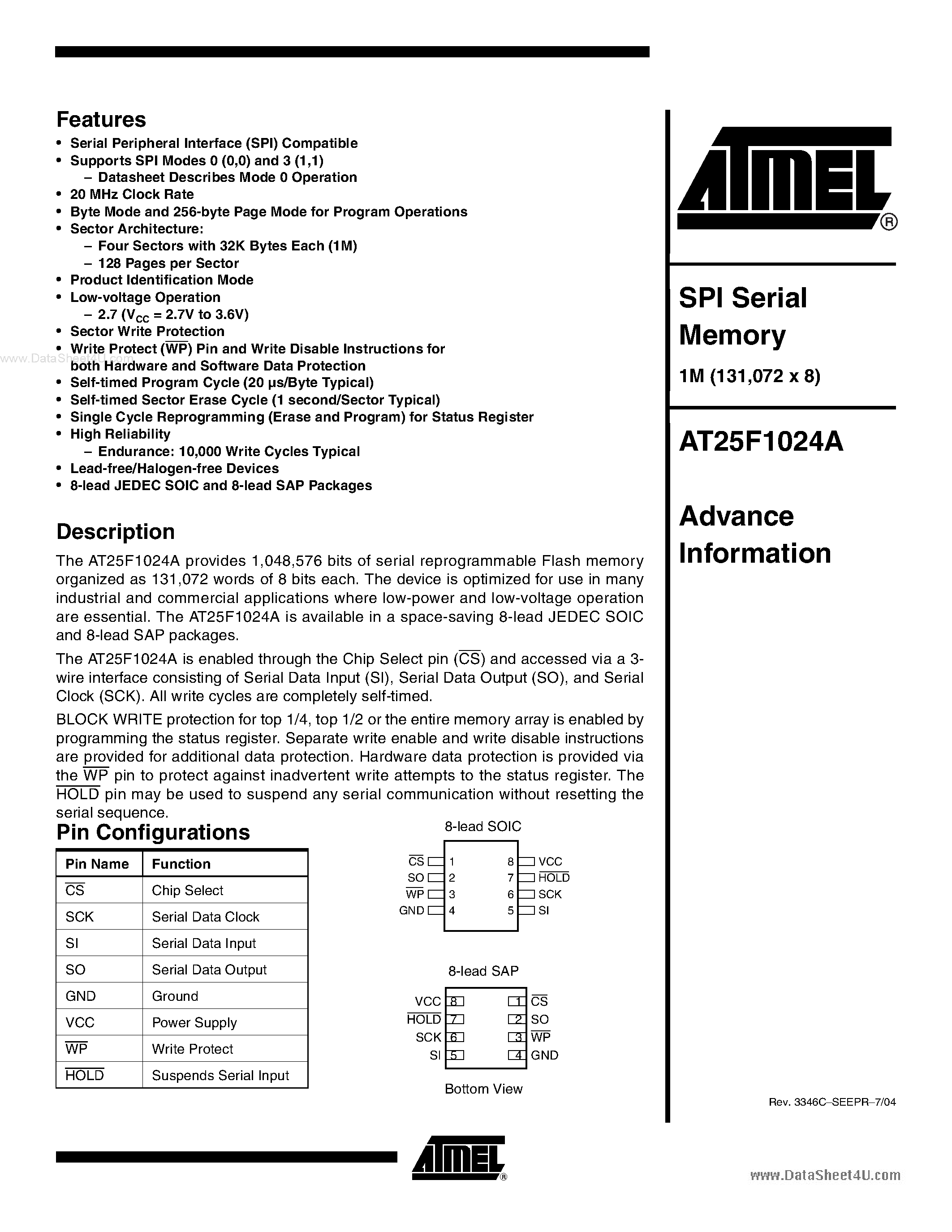 Datasheet AT25F1024A - SPI Serial Memory page 1