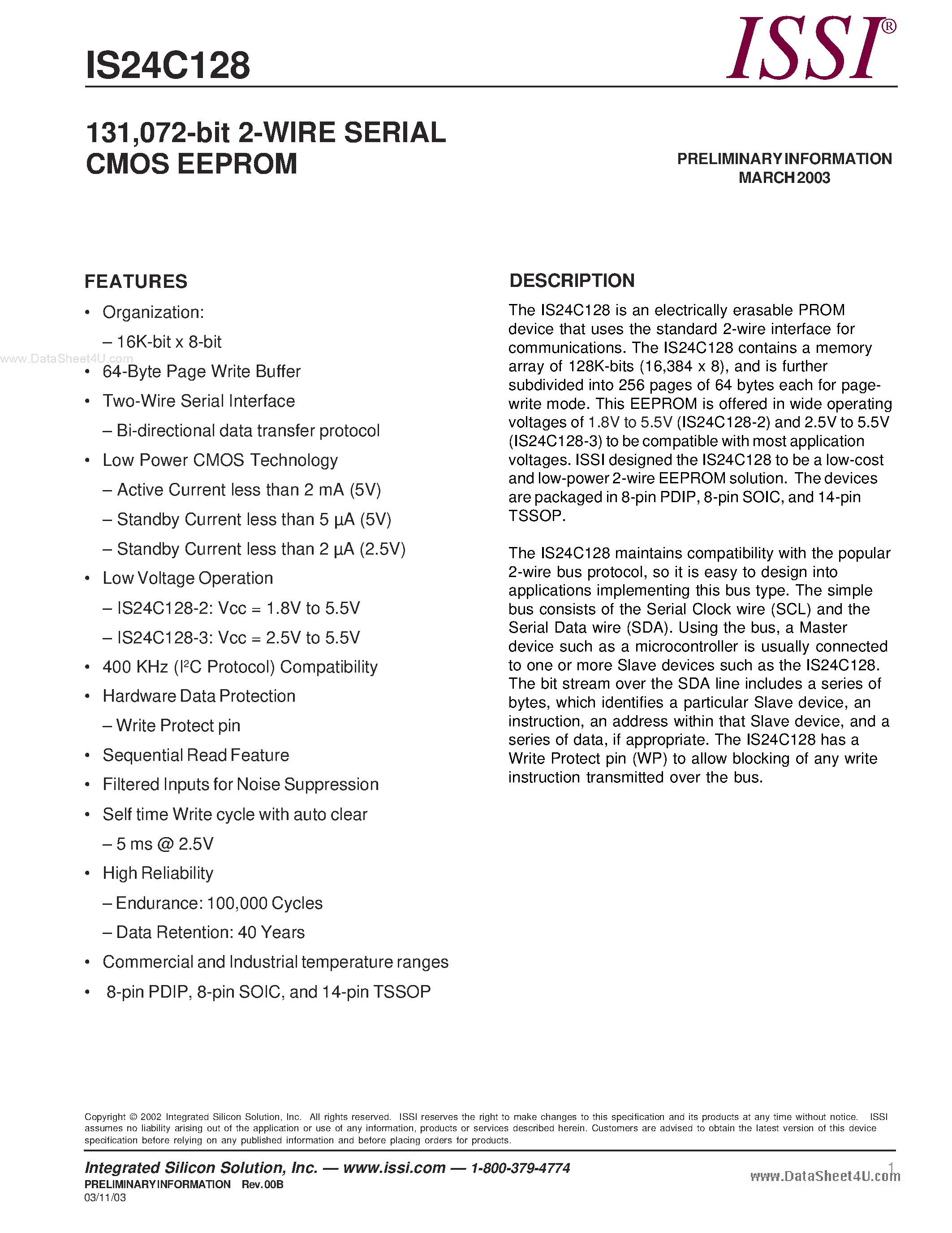 Datasheet 24C128 - 2-WIRE SERIAL CMOS EEPROM page 1