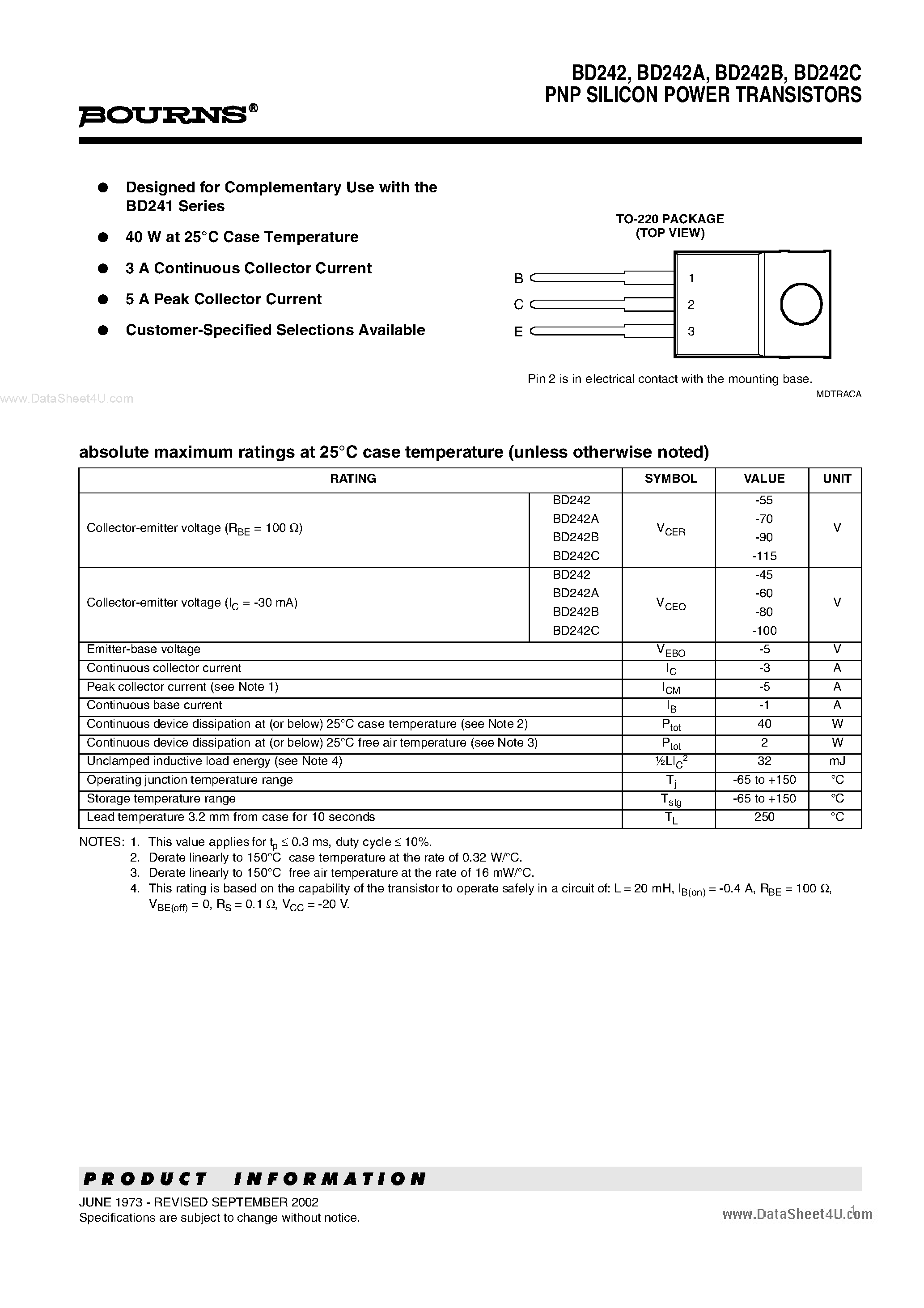 Даташит на микросхему BD242 страница 1 Даташит BD242 - PNP SILICON POWER TRANSISTORS страница 1
