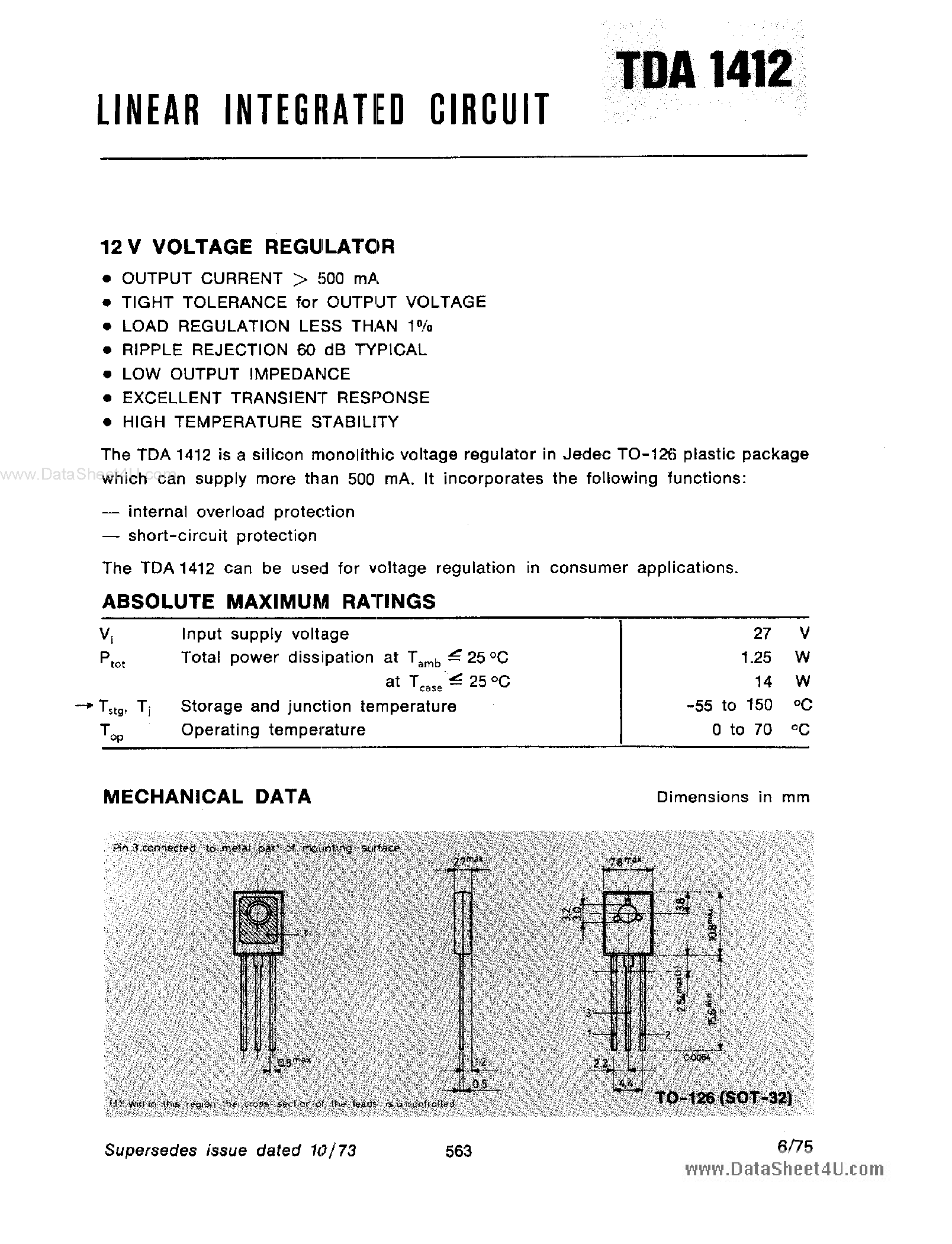 Даташит TDA1412 - 12V Voltage Regulator страница 1