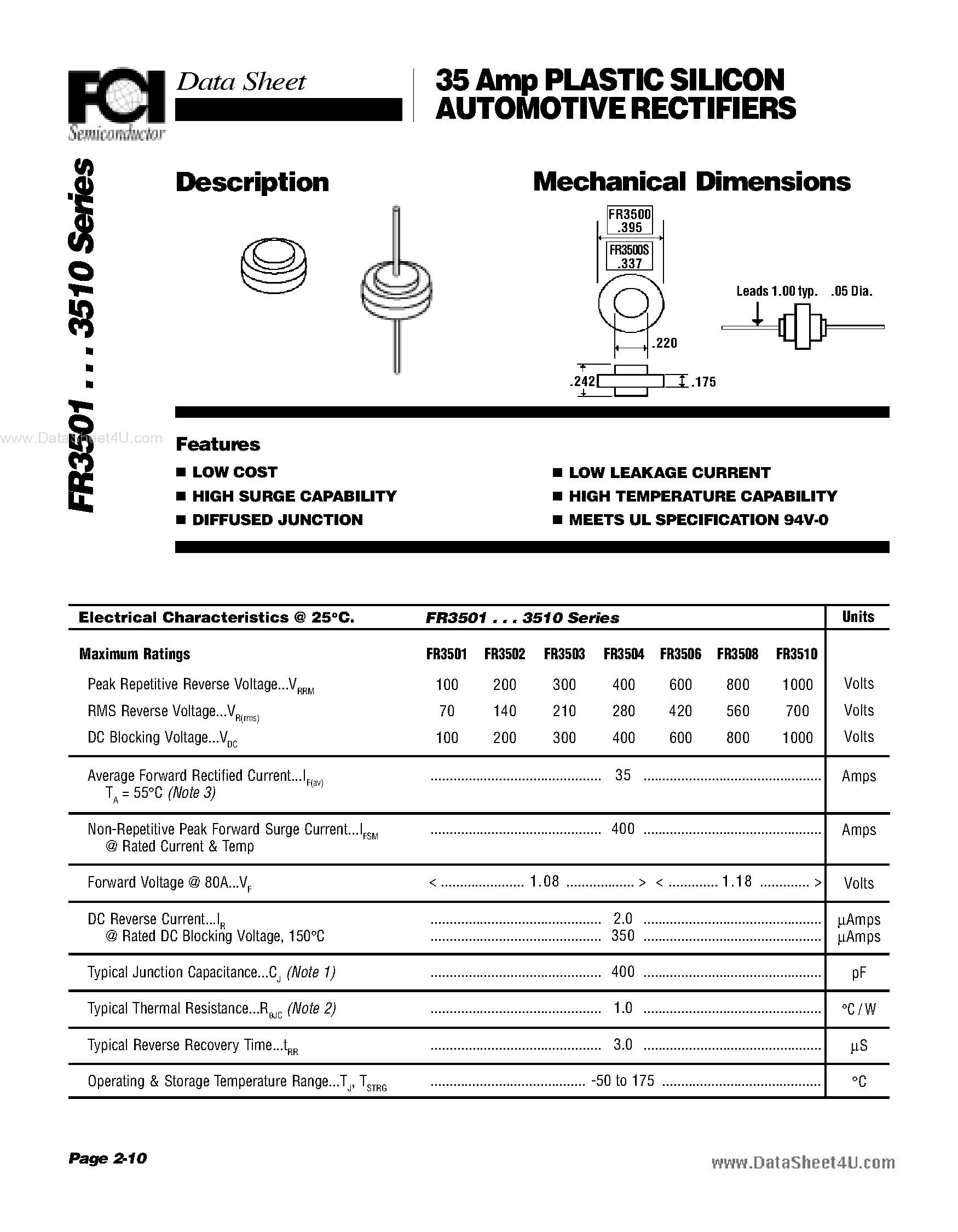 Datasheet FR3501 page 1 Datasheet FR3501 - (FR3501 - FR3510) 35A Plastic Silicon Automotive Rectifiers page 1